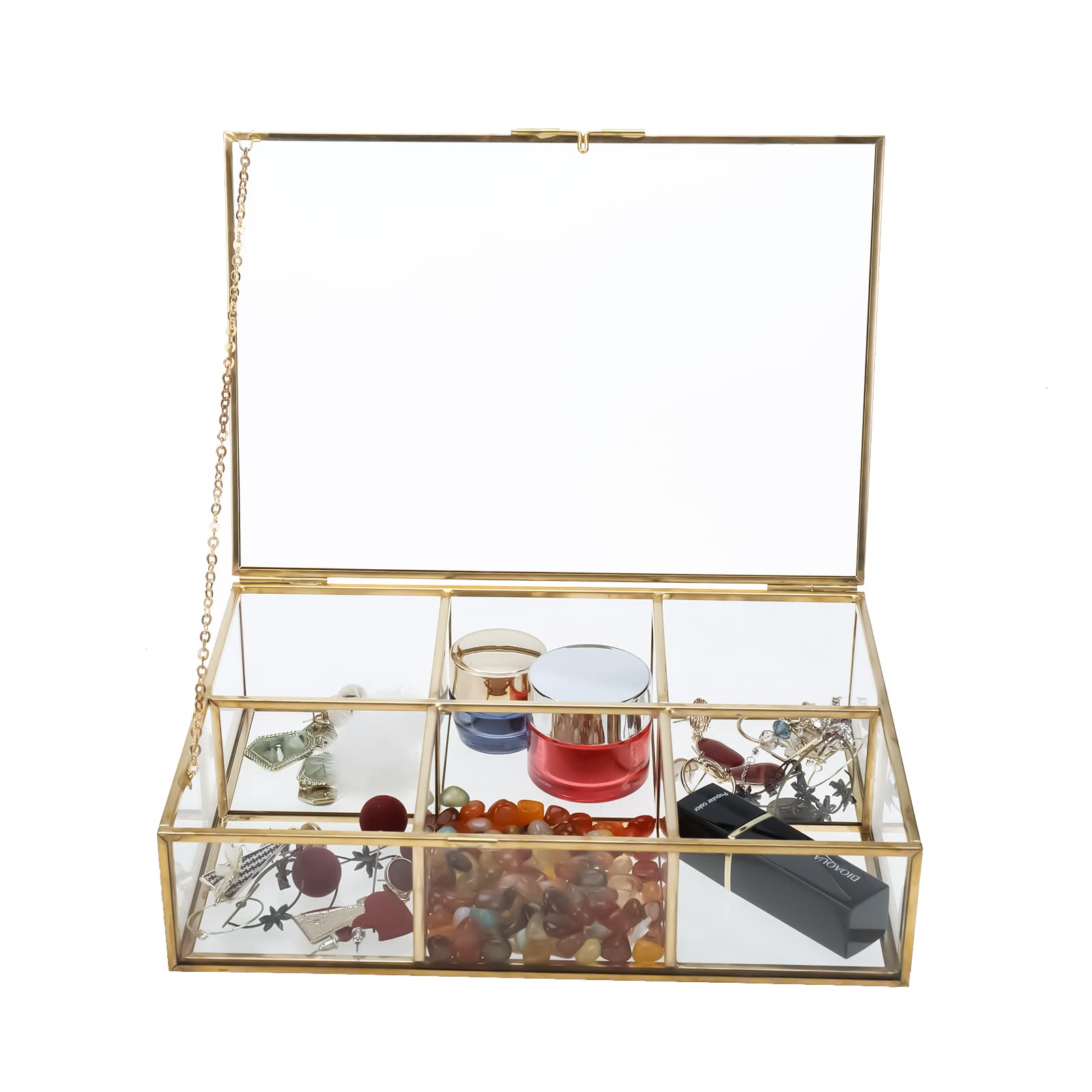 Premium Glass Tea Bag Organizer with Lid - 6 Compartment Clear Storage Box for Tea Bags, Coffee & Sugar Packets - Countertop Display Case for Kitchen, Office or Gift Use