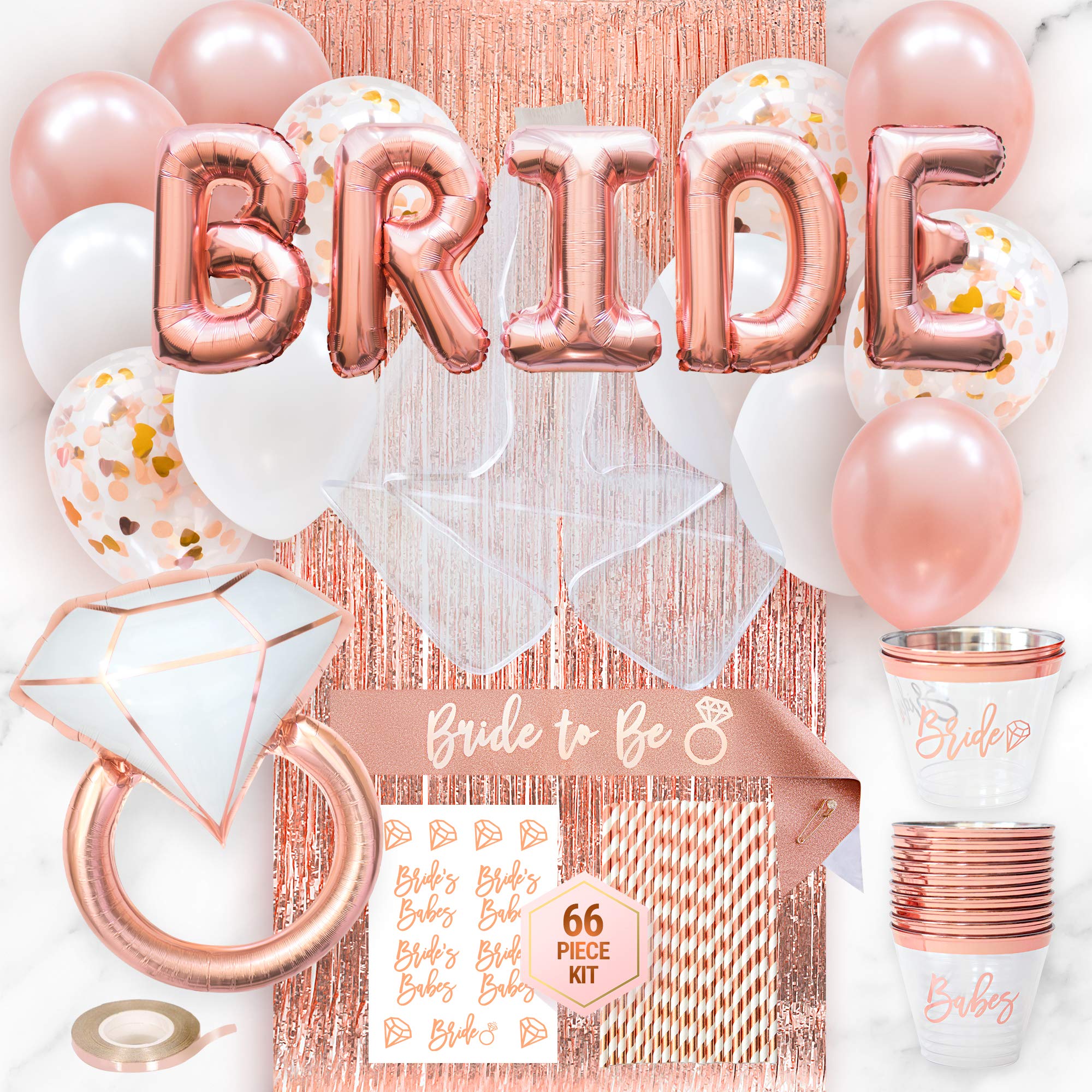 66-Piece Rose Gold Bachelorette Party Decorations Kit - Bridal Shower Decor Set with Bride Sash, Cups, Veil & Balloons - Premium Wedding Party Supplies for Bachelorette, Bridal Showers & Girls' Night Out