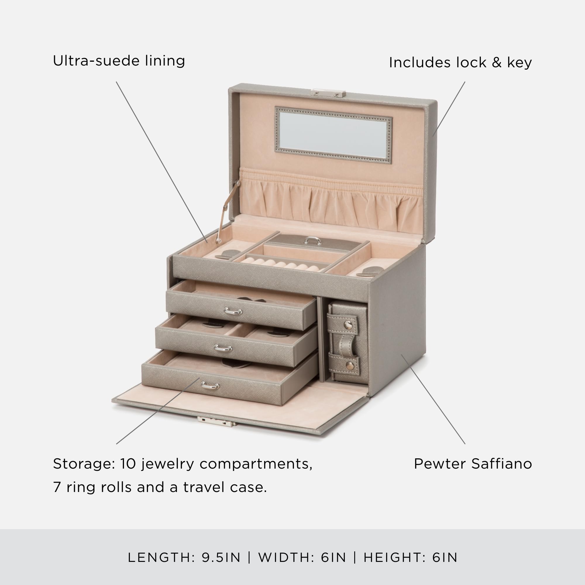 Premium WOLF Heritage Small Jewelry Box - Pewter Saffiano Leather with 10 Compartments & 7 Ring Rolls - Luxury Jewelry Organizer with Travel Case - Perfect for Home Storage, Travel & Gift Giving