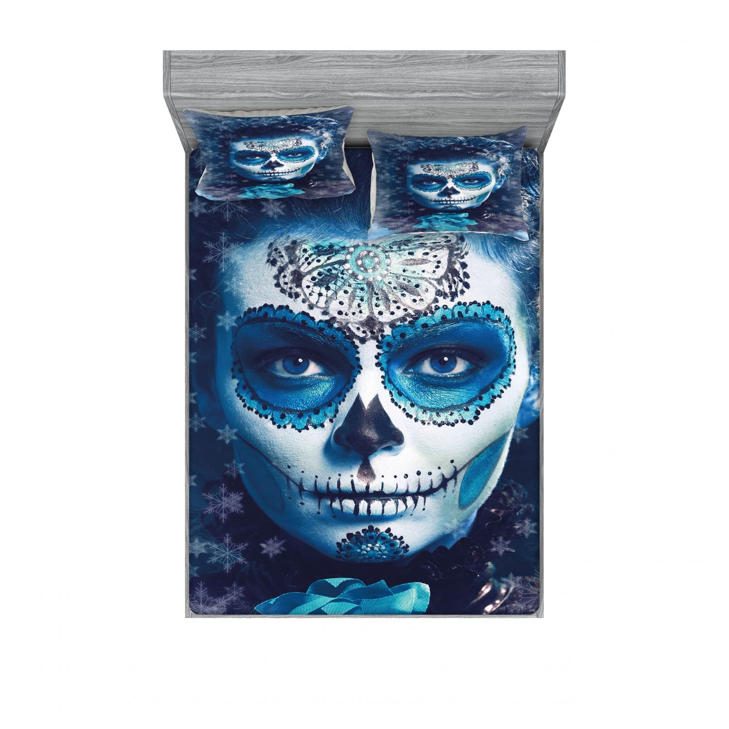 Ambesonne Sugar Skull 2-Piece King Size Fitted Sheet Set with 4 Pillow Shams - Day of the Dead Mexican Folk Art Bedding Collection in Vibrant Colors - Perfect for Halloween Decor, Día de Muertos Celebrations & Gothic Home Decor