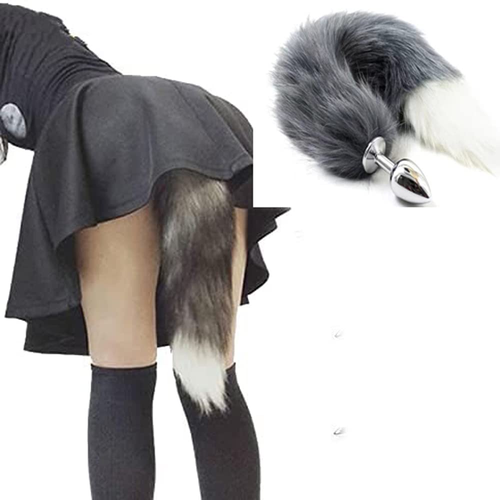 Stainless Steel Anal Plug with Sexy Tail - Medium Size Gray-White Adult Toy for Cosplay, BDSM & Sensual Play | Perfect for Roleplay, Fantasy Fulfillment & Intimate Exploration