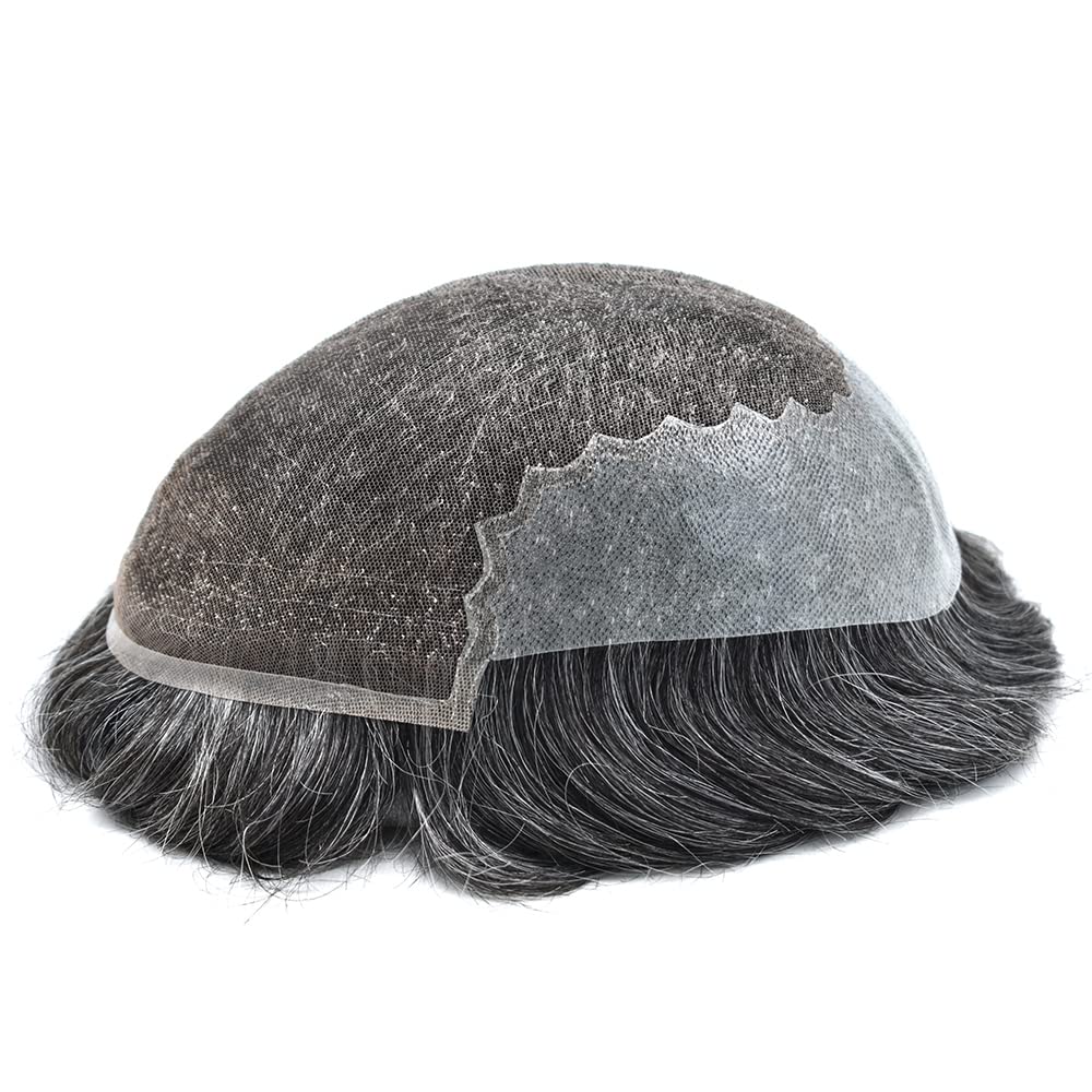 100% European Real Human Hair Toupee for Men - Swiss Lace Front Hairpiece | Bleached Knots | 1B60 Off Black with 60% Gray | 120% Density (7x9 Inch) | Natural Looking Hair Replacement System for Daily Wear & Special Occasions