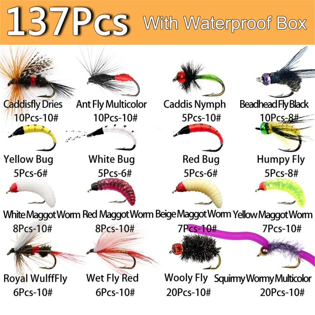 Premium Fly Fishing Flies Kit - 32 to 148 Pcs Assortment for Trout, Steelhead, Salmon & Bass | Dry Flies, Wet Flies, Nymphs, Streamers & Maggot Lures | Perfect for Freshwater & Saltwater Fly Fishing
