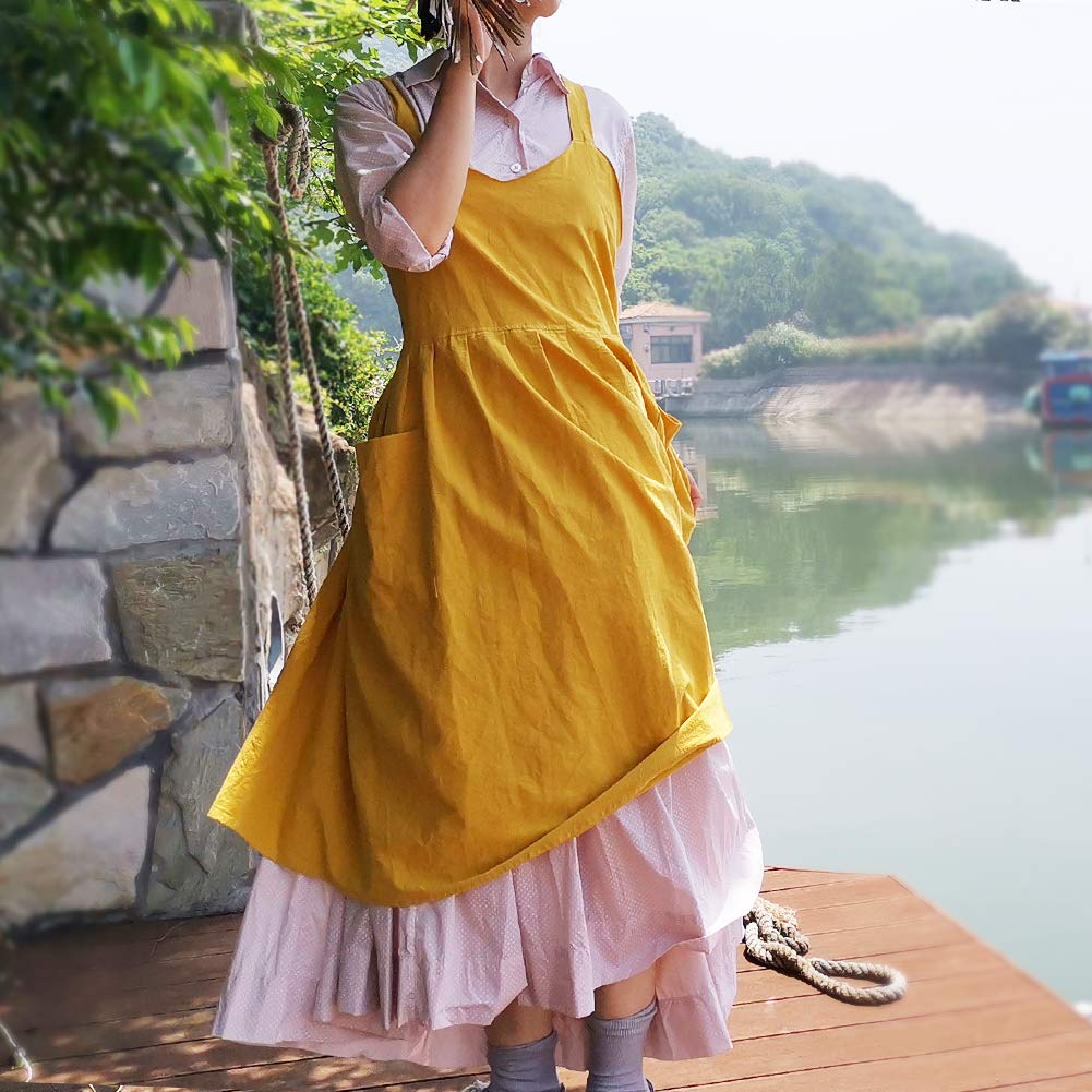 NEWGEM Women's Cotton Linen Criss Cross Back Apron with Pockets - Japanese Korean Style Cute Kitchen Smock Pinafore - Perfect for Cooking, Baking & Hosting Parties