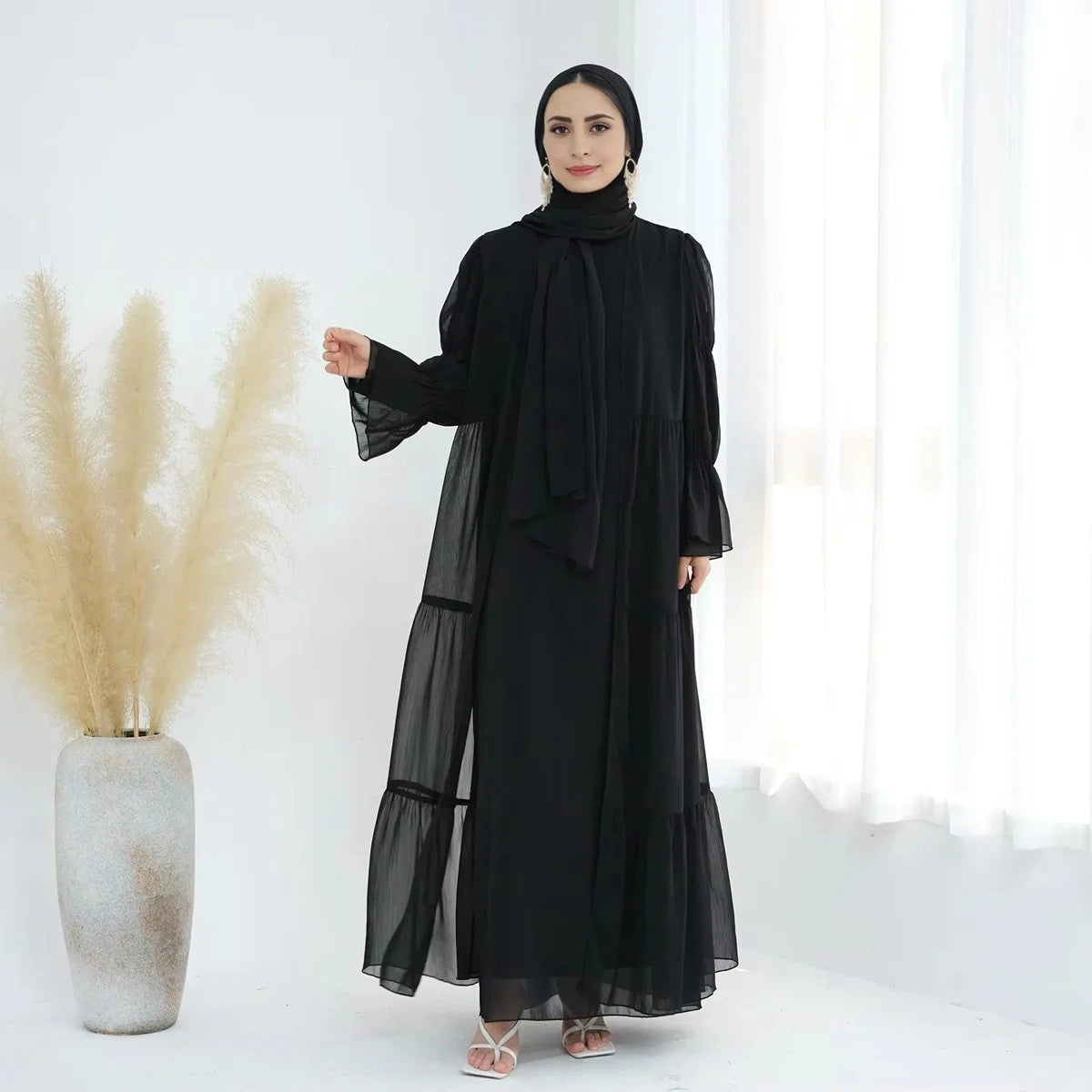 2 Piece Set Chiffon Open Abaya Dress with Inner Dress - Elegant Muslim Women's Prayer Dress for Ramadan, Eid & Special Occasions #25866