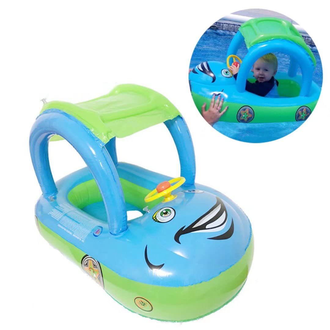 Inflatable Baby Pool Float with Canopy & Steering Wheel - Sunshade Swim Ring Boat for Toddlers & Kids - Perfect for Summer Swimming, Beach Trips and Backyard Pool Fun