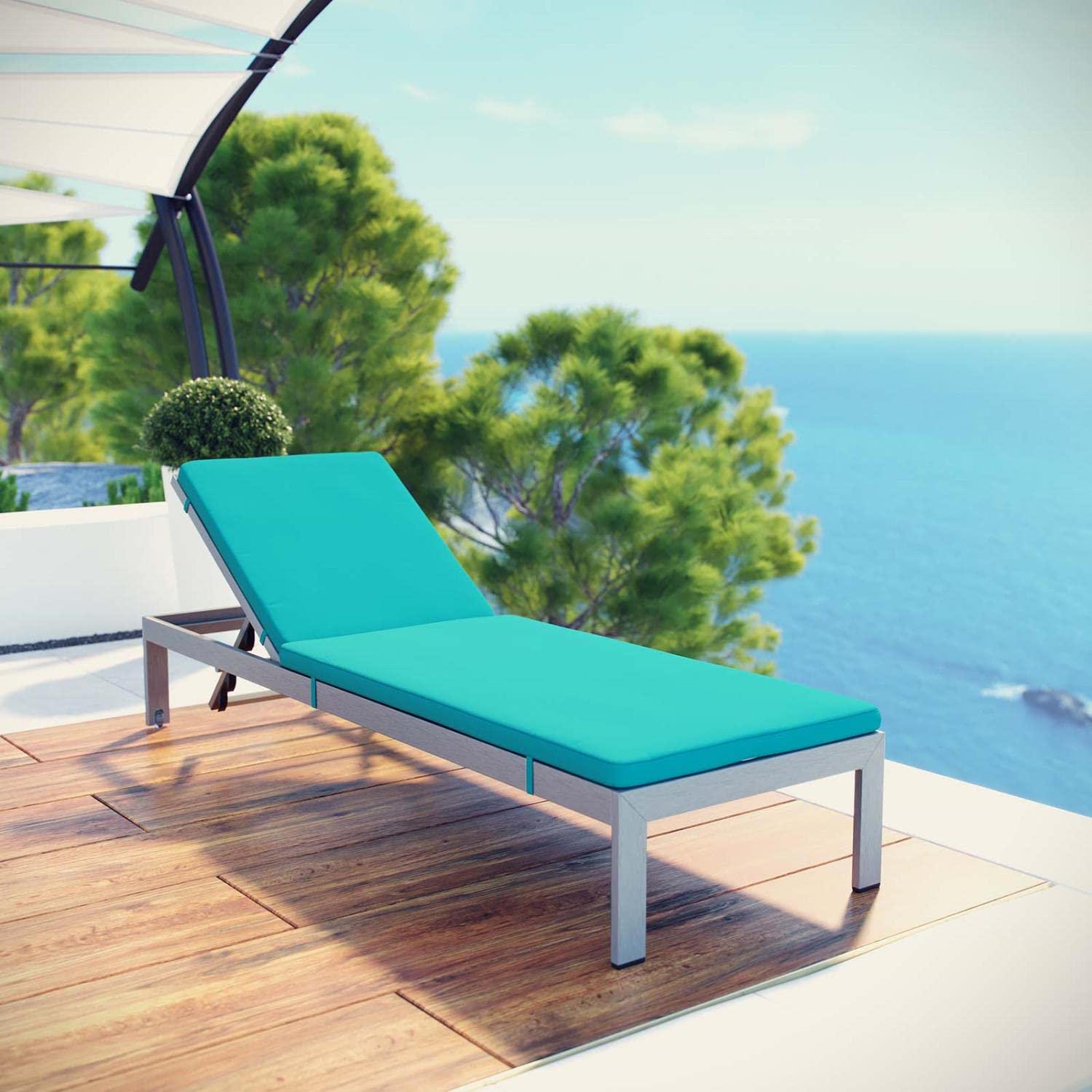 Modway Shore Outdoor Patio Chaise Lounge - Silver Turquoise Aluminum Chaise Longue with Weather-Resistant Cushions | Perfect for Poolside, Beach, Backyard & Patio Relaxation
