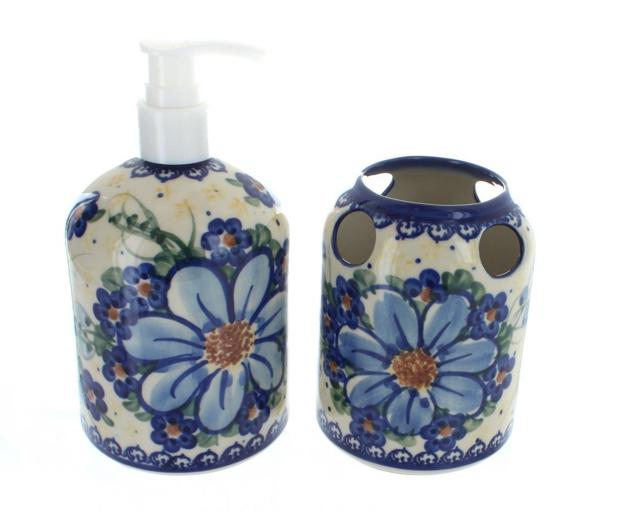 Blue Rose Polish Pottery Daisy Surprise Soap Dispenser & Toothbrush Holder - Handmade Ceramic Bathroom Decor for Sink Countertop, Kitchen, and Guest Bathroom