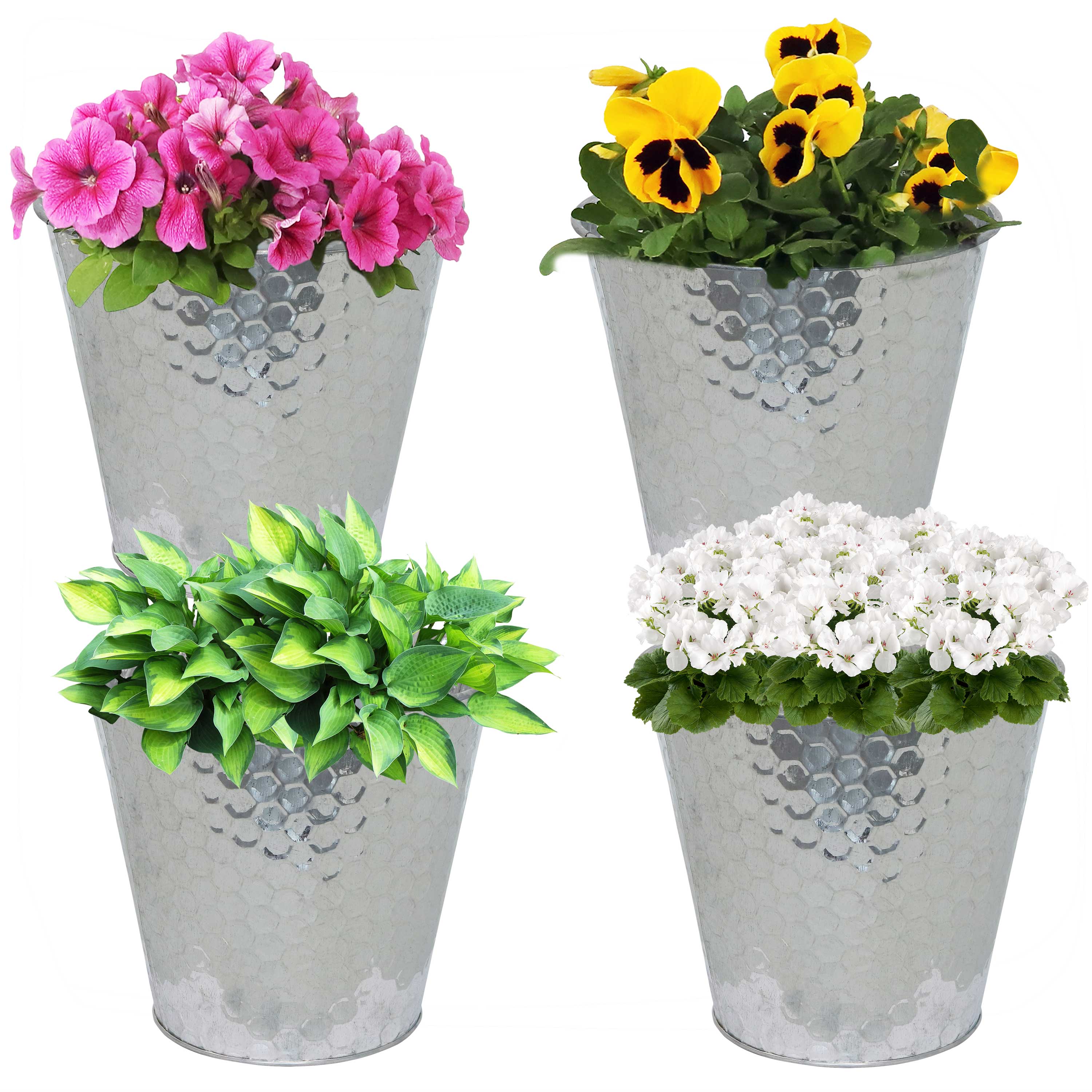 Galvanized Steel Buckets with Hexagon Pattern - Set of 4 Rust-Proof Decorative Pails for Farmhouse, Garden & Outdoor Decor | Perfect for Planters, Storage & Home Organization