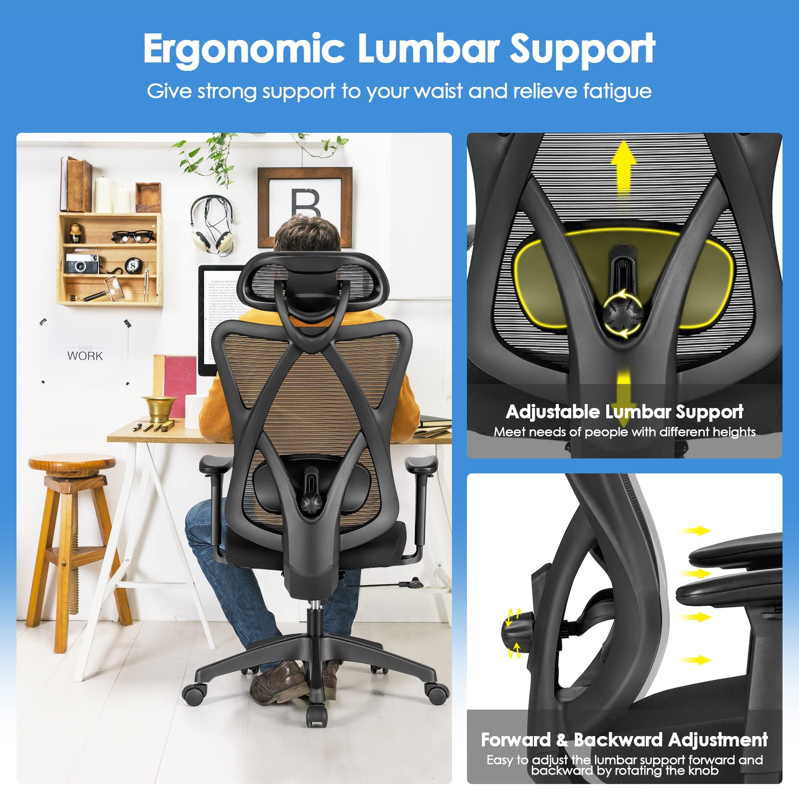 COSTWAY Ergonomic Executive Office Chair - High Back Mesh Computer Desk Chair with Adjustable Lumbar Support, Armrests & Headrest, Reclining Function - Swivel Task Chair for Home Office (Black) | Perfect for Long Work Hours & Remote Work Setup