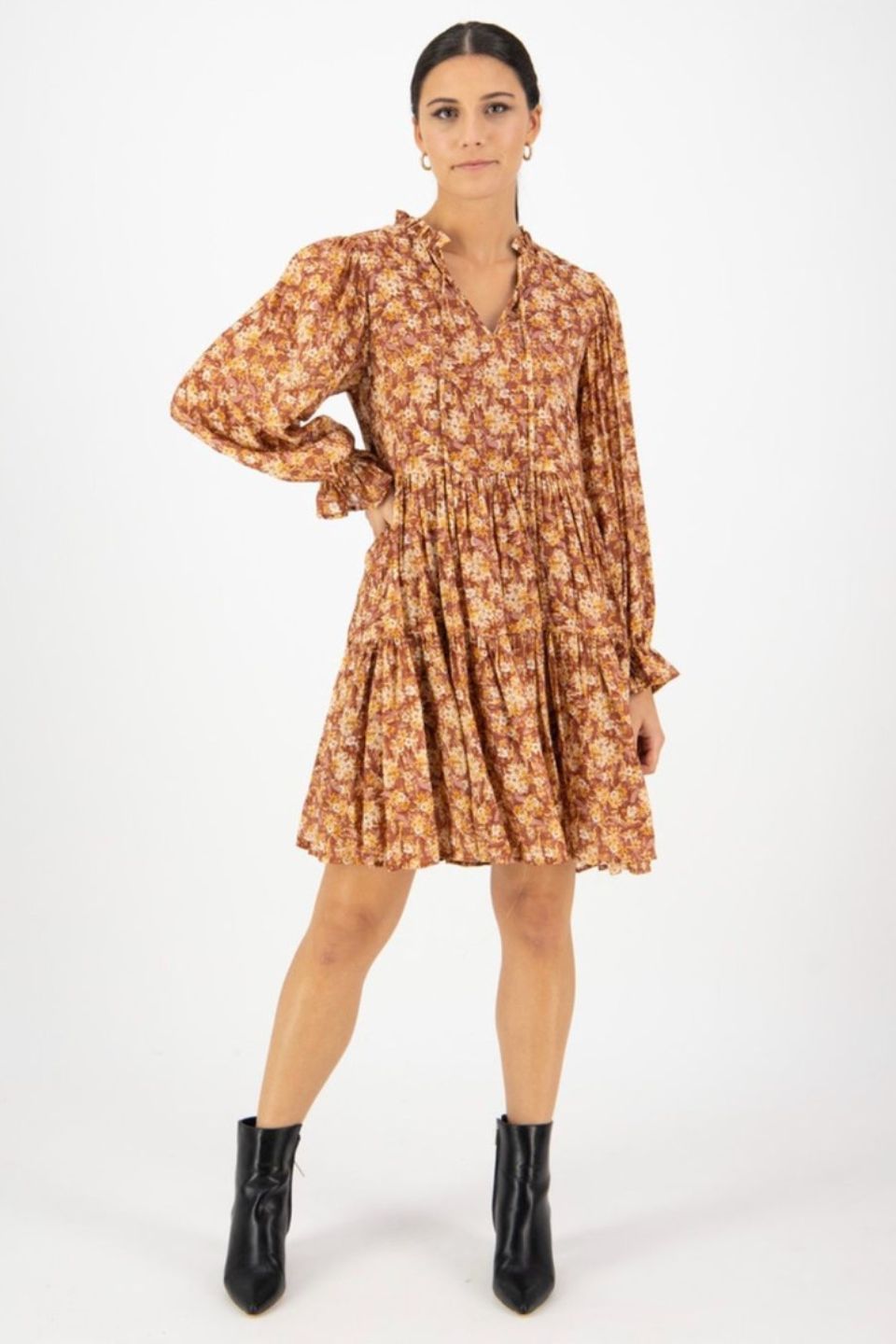 Billie Rust Floral Long Sleeve Frill V-Neck Tiered Mini Dress for Women | Elegant Party & Date Night Outfit