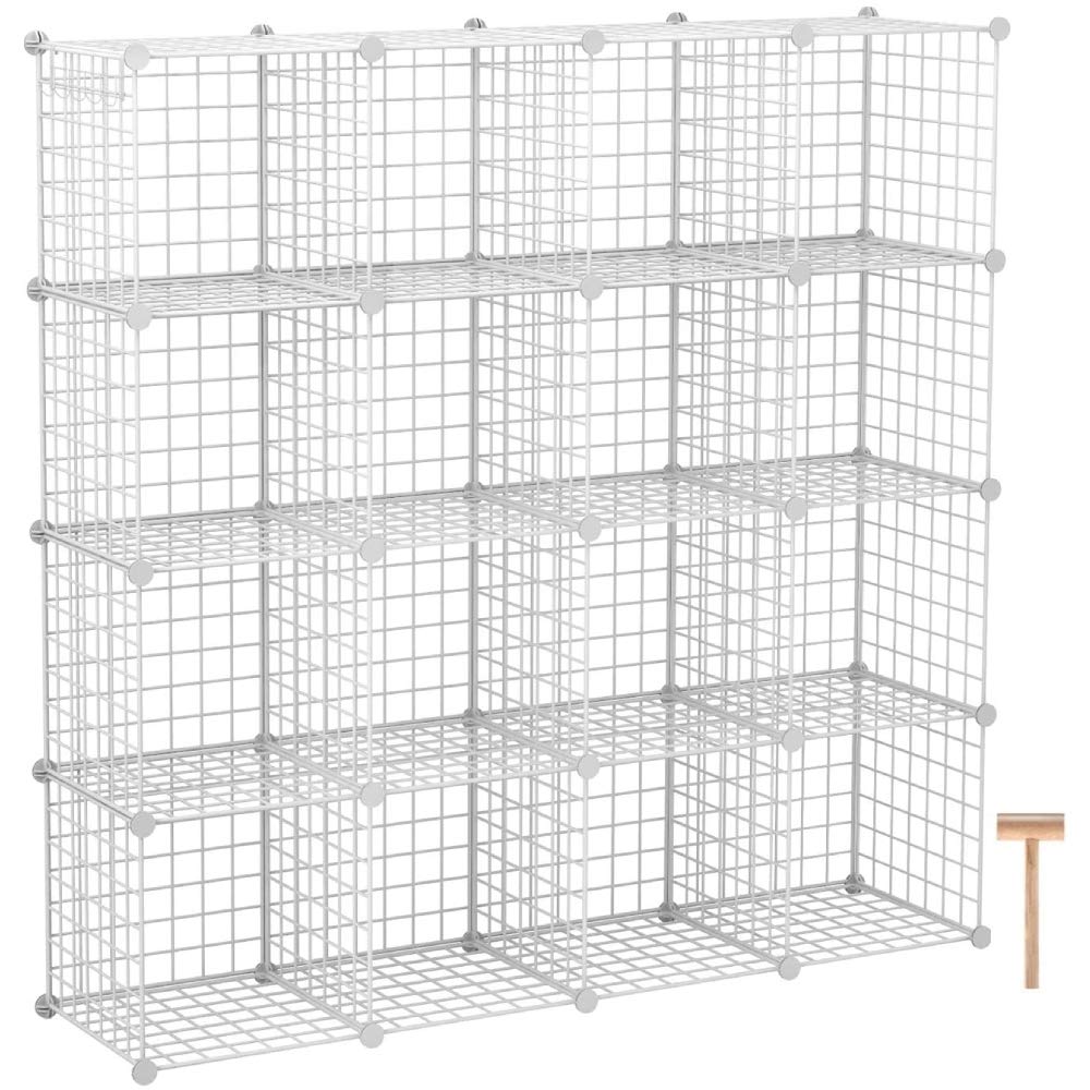 White Wire Cube Storage Organizer - Stackable Metal Grid Shelves for Closet, Bedroom & Kids Room Organization - Perfect for Toys, Books, Shoes and Home Decor Storage