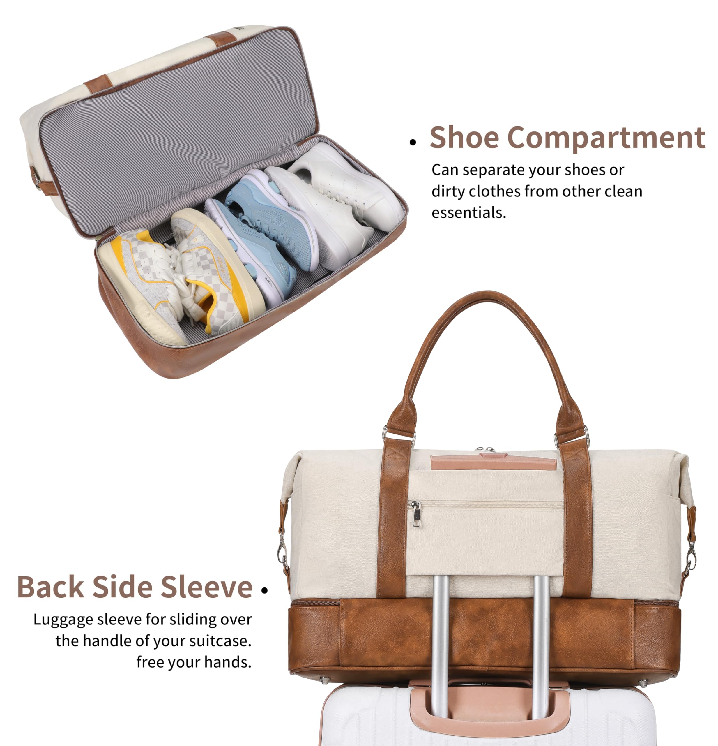 Oeihuivt Women's Weekender Bag with Shoe Compartment - Large Capacity Travel Duffel & Overnight Bag (2-Piece Set) - Perfect for Weekend Getaways, Business Trips & Gym Use