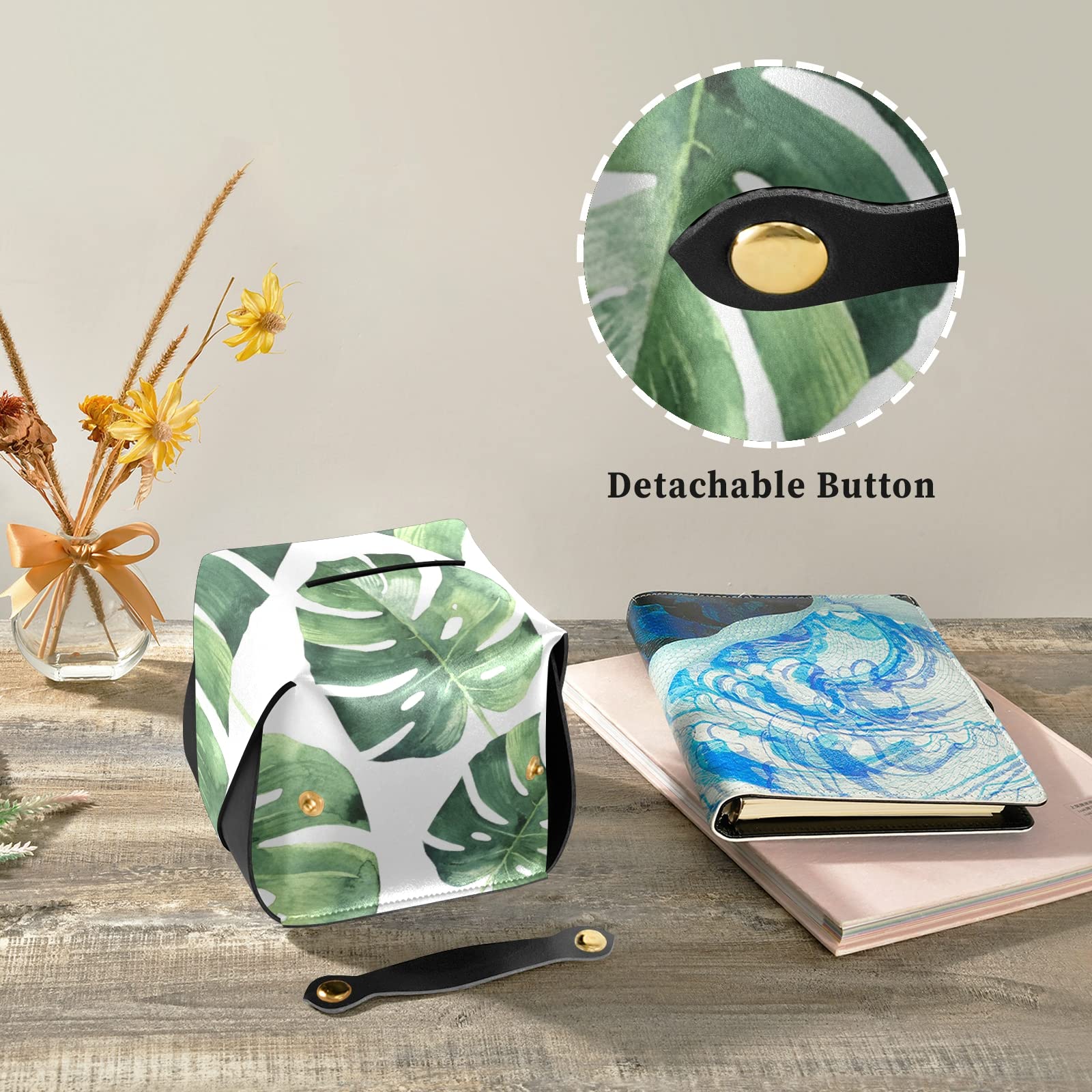 Eco-Friendly Tropical Palm Leaves Leather Tissue Box Cover - Seamless Jungle Design with Handle for Bathroom, Nightstand, Vanity & Office (9.4x5.1x3.6 inches) | Perfect for Home Decor, Car Interior & Gift Giving