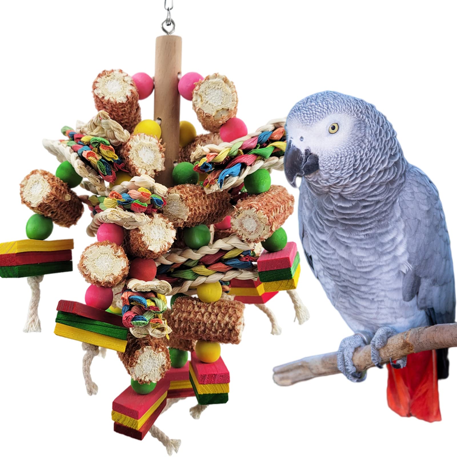Natural Wooden Bird Toys for African Grey Parrots & Amazon Parrots - Colorful Chew Toys for Small & Medium Birds to Strengthen Beaks | Perfect for Cage Play & Mental Stimulation