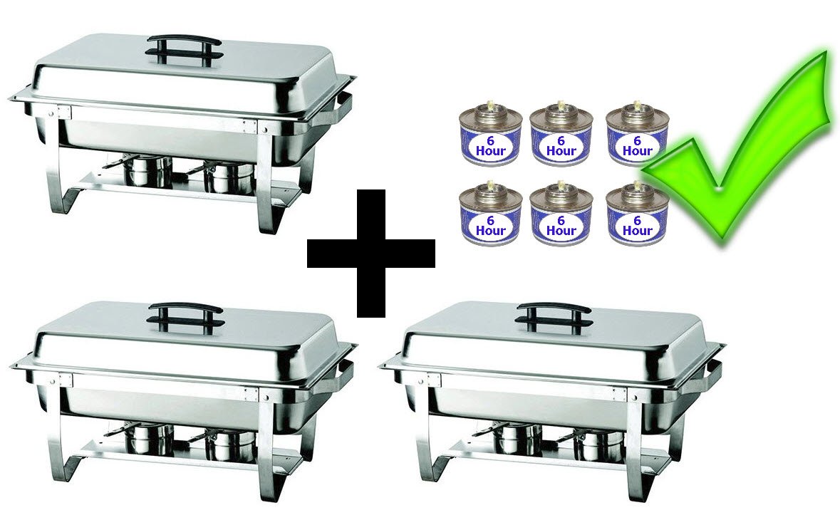 Premium Stainless Steel 8 Quart Chafing Dishes Set - 3 Full Size Catering Warmers with 6 Burners for Buffet, Party, Wedding & Special Events - Ideal for Food Serving, Banquet, Restaurant & Home Dining