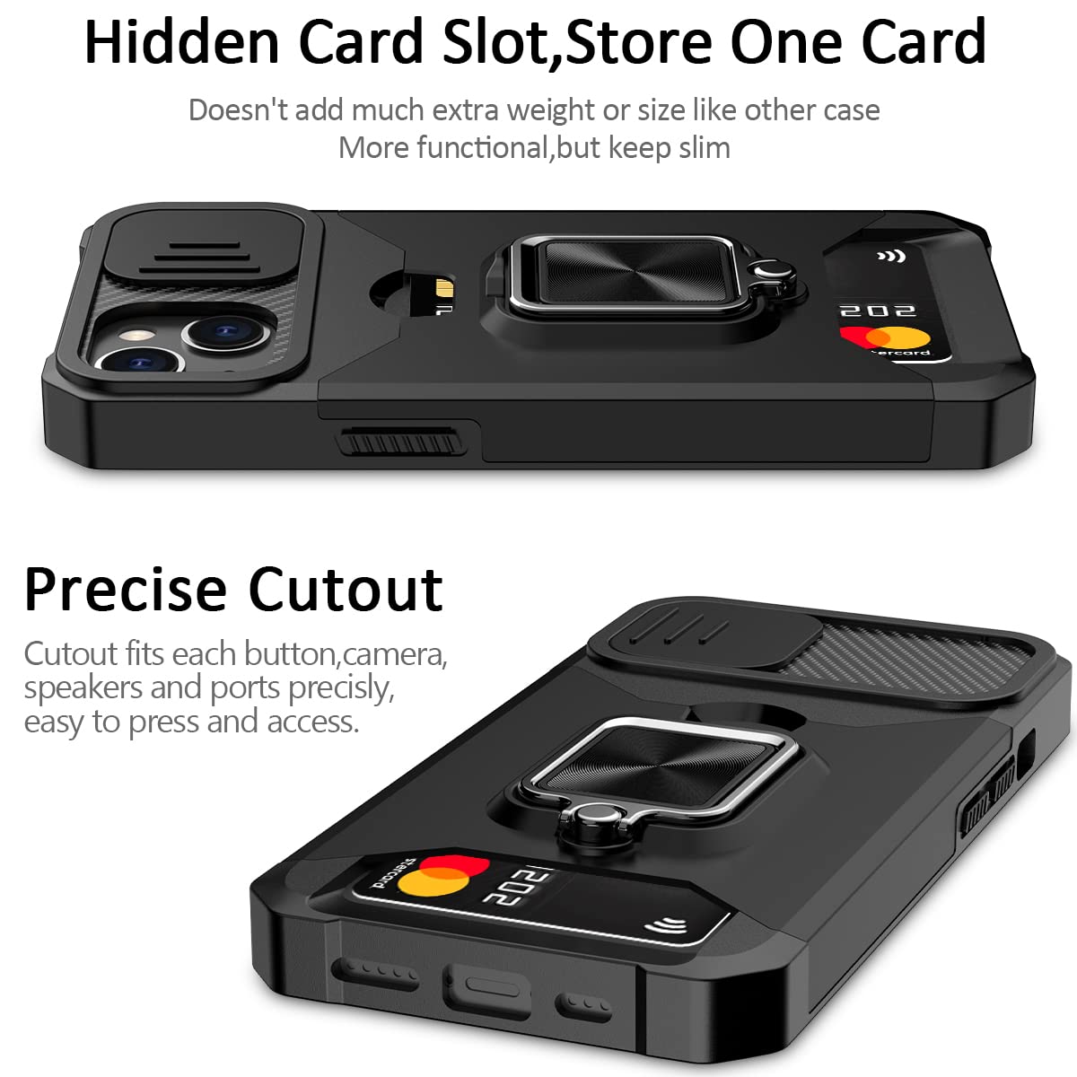 NOLLNOE Heavy Duty Protective iPhone 14 Case (6.1 inch) - Magnetic Ring Kickstand, Sliding Camera Cover & Card Holder - Shockproof Slim Phone Cover for Women & Men (Black) | Perfect for Outdoor Activities, Travel & Daily Use