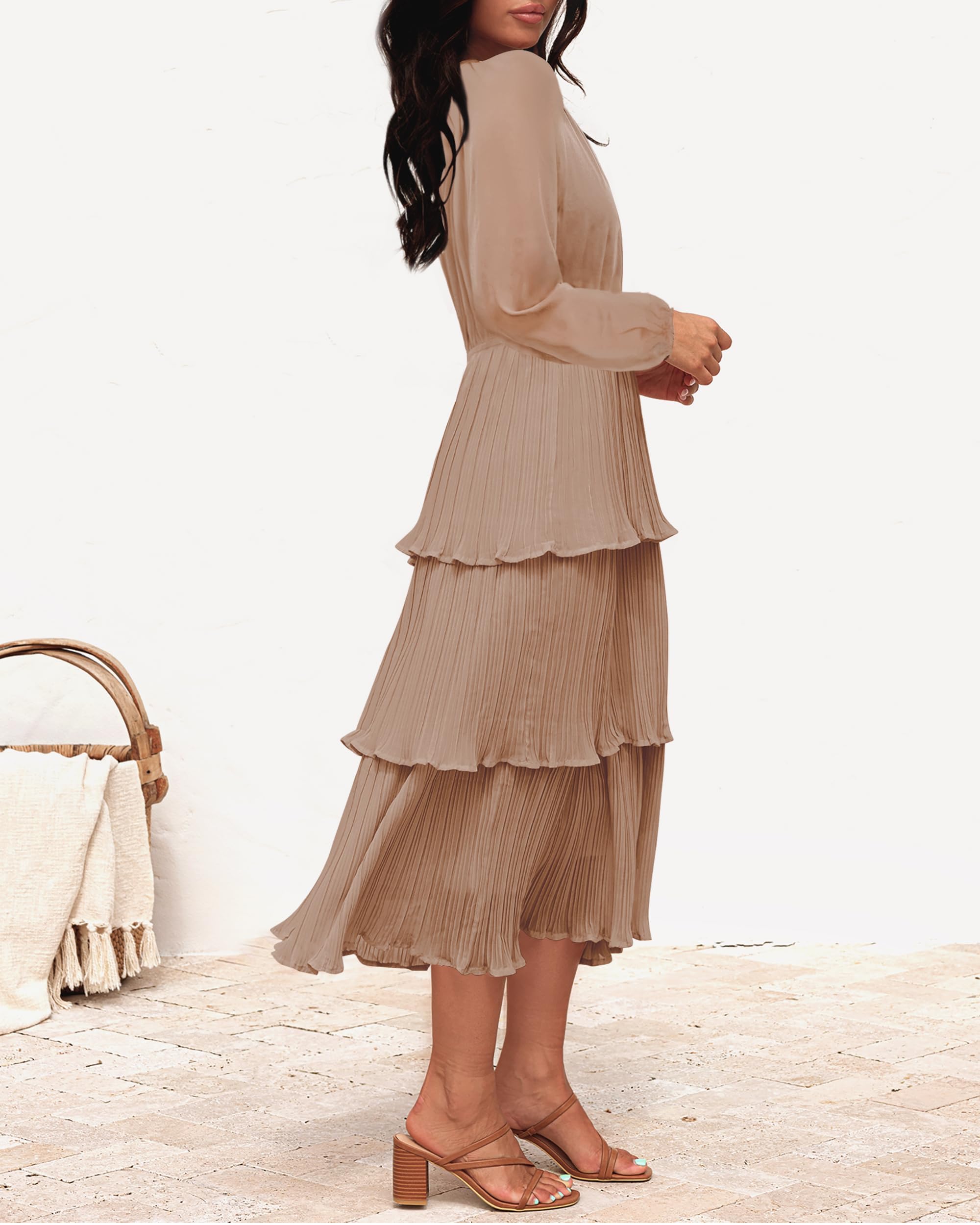 ZESICA Women's 2025 Long Sleeve Chiffon Dress with Ruffle & Tiered Layers - Elegant Crew Neck Swing Midi Dress for Casual Wear, Office, Party & Special Occasions
