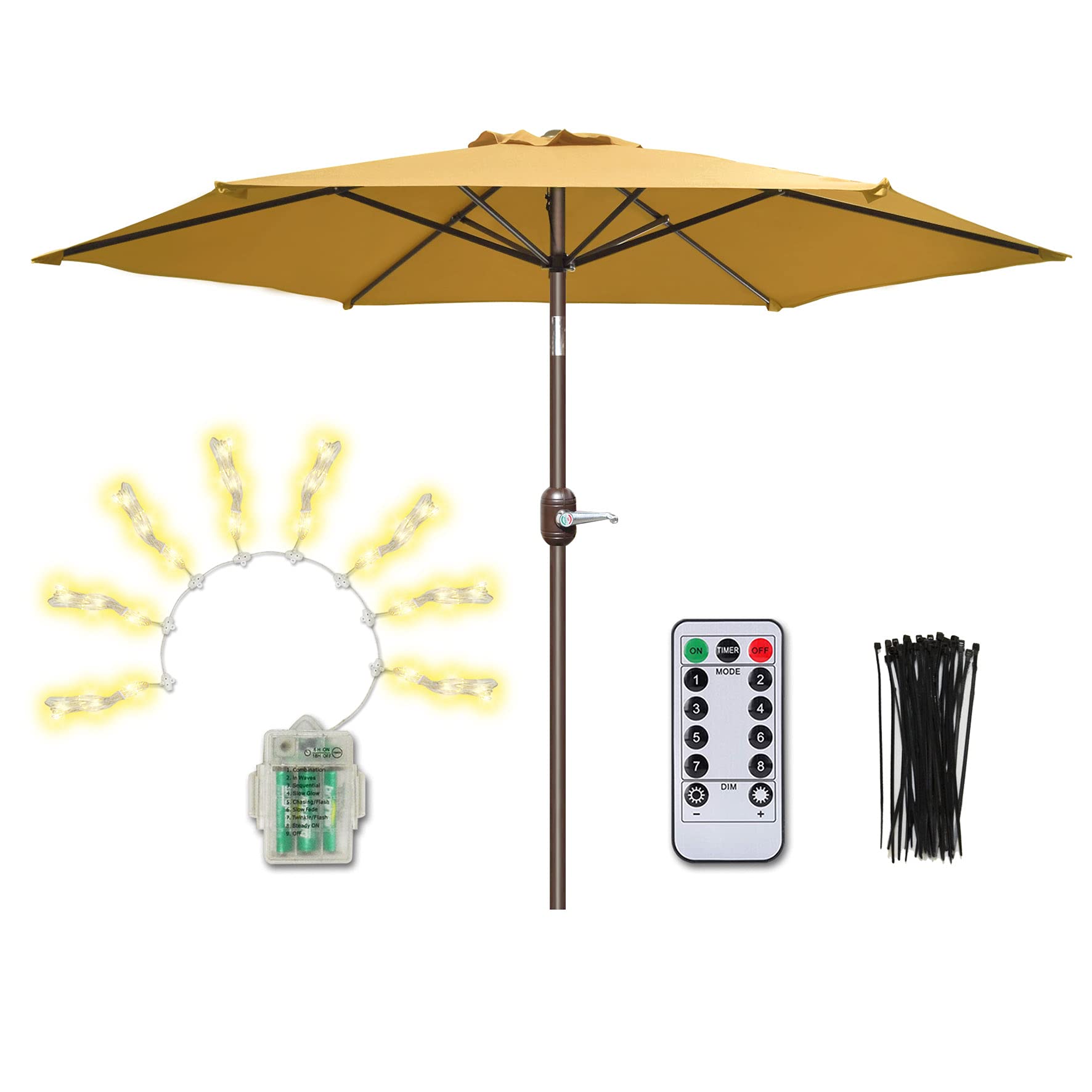 8 ft Outdoor Patio Umbrella with Push Button Tilt & Crank - 104 LED String Lights with Remote (8 Lighting Modes) - Battery Powered Tan Market Umbrella for Poolside, Backyard, Garden & Outdoor Dining