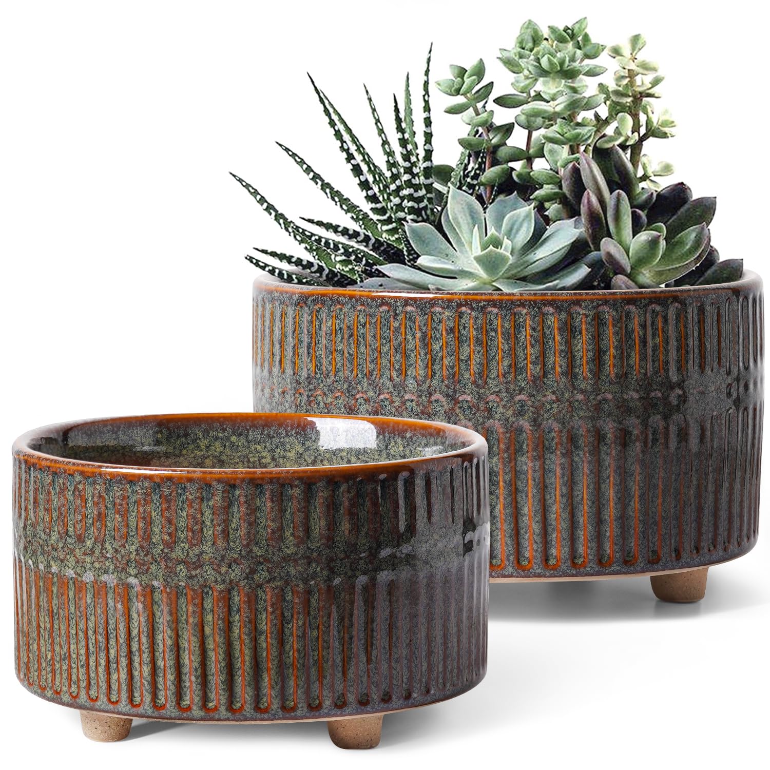 LE TAUCI 6.5+8 Inch Ceramic Succulent Plant Pots with Drainage Hole - Modern Round Decorative Flower Pots Set of 2, Reactive Glaze Black - Perfect for Indoor Plants, Home Decor, Office Desk & Gift Ideas