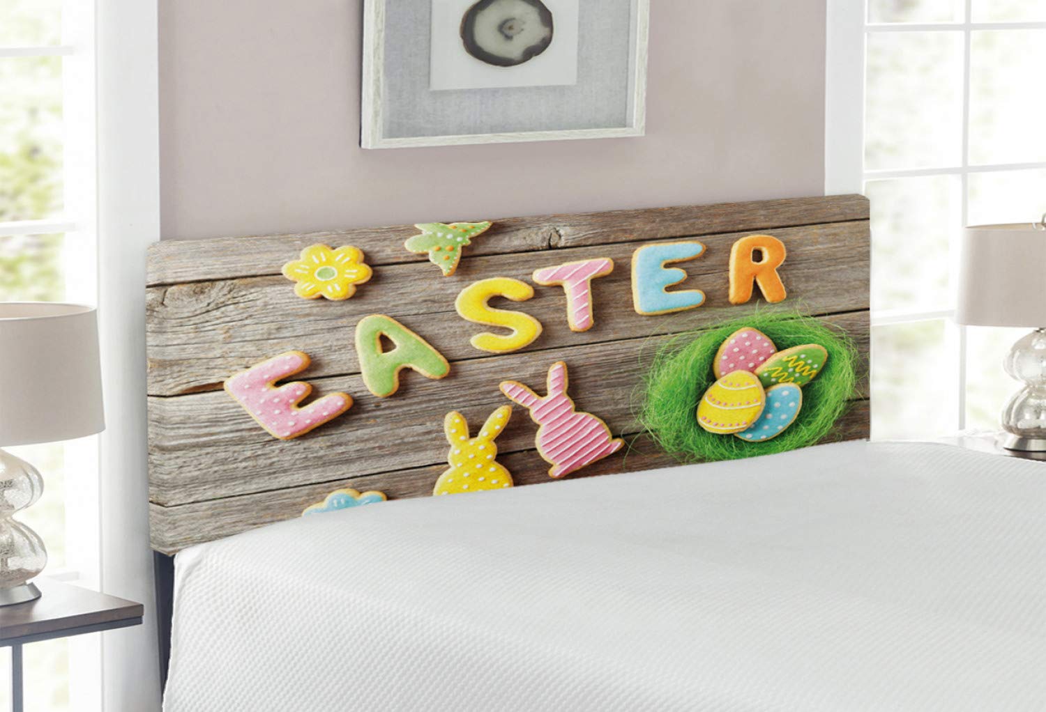 Lunarable Easter Headboard - Fun Cookie Cake Print on Rustic Backdrop, Upholstered Decorative Metal Bed Frame with Memory Foam, Full Size, Multicolor | Perfect for Holiday Bedroom Decor & Seasonal Home Styling