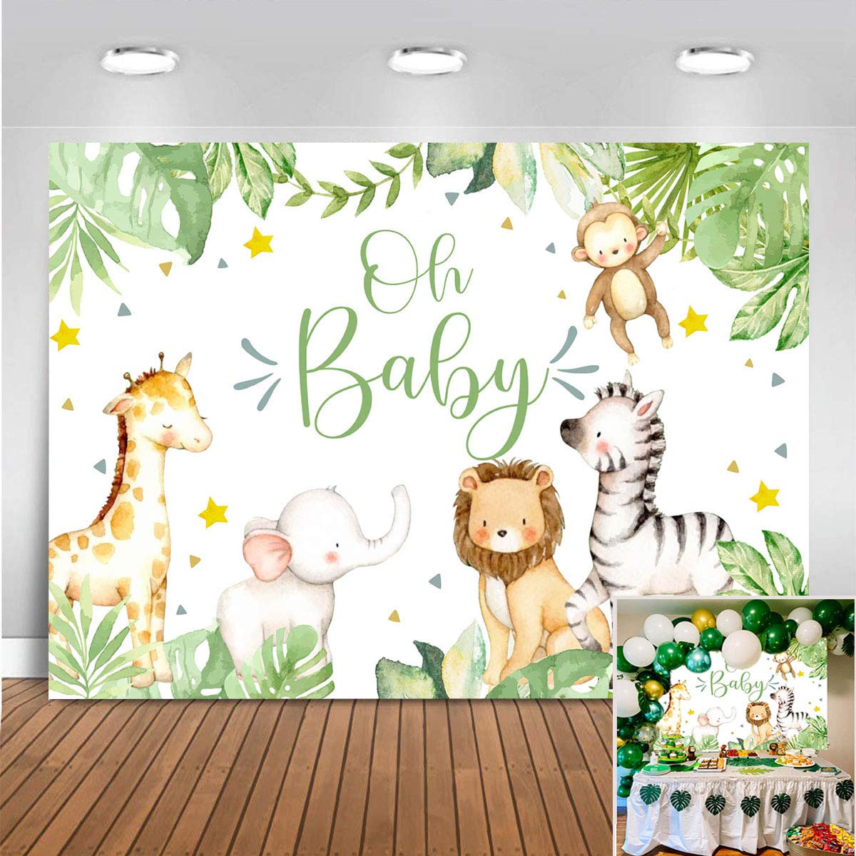 7x5ft Jungle Safari Baby Shower Backdrop - Oh Baby Vinyl Photography Background with Zoo Animals & Green Leaves - Perfect for Photo Booth, Birthday Parties & Nursery Decor