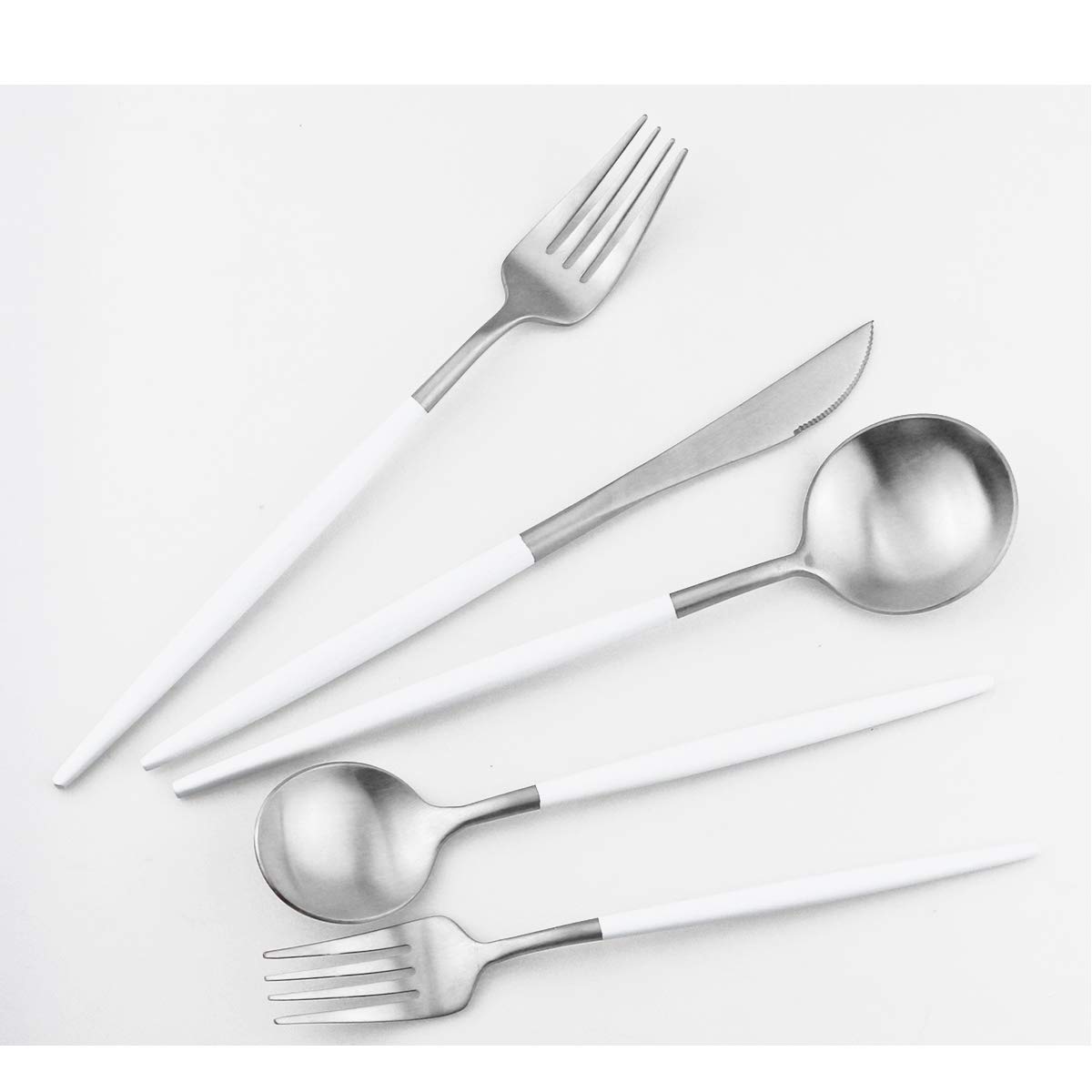 Premium 18/10 Stainless Steel Flatware Set - 5-Piece Matte White Handle Silverware (Fork, Spoon, Knife) for Dining, Camping & Travel - Durable Cutlery for Home, Outdoor & Restaurant Use