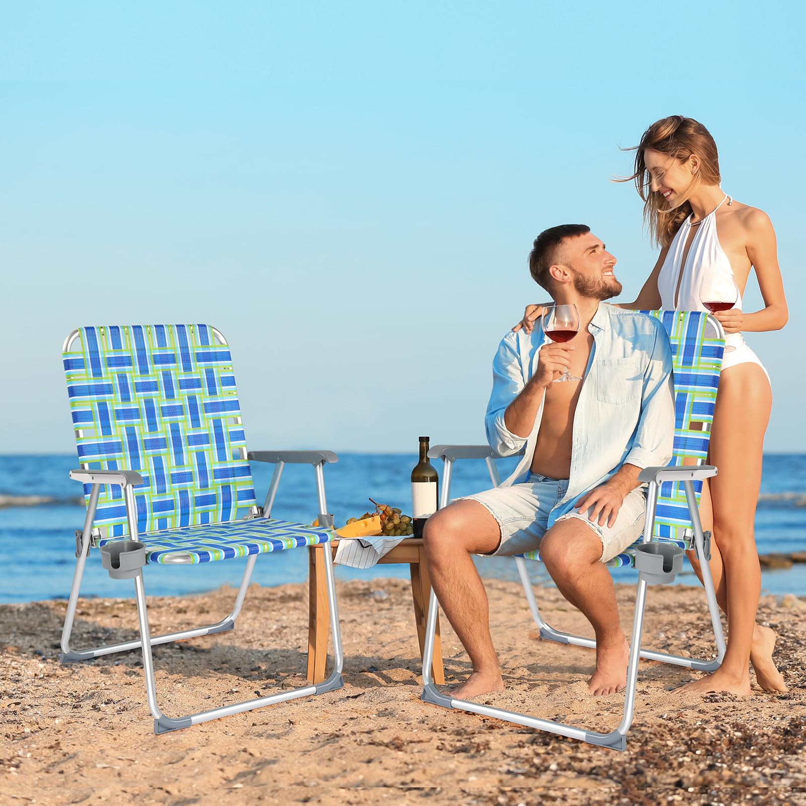 VINGLI 2 Pack Folding Aluminum Webbed Oversized Lawn Chairs - Heavy Duty 300LBS Capacity Beach Chairs for Adults with Detachable Cup Holder, Portable Patio Chairs for Yard, Garden, Poolside & Outdoor Relaxation (Blue/Green)