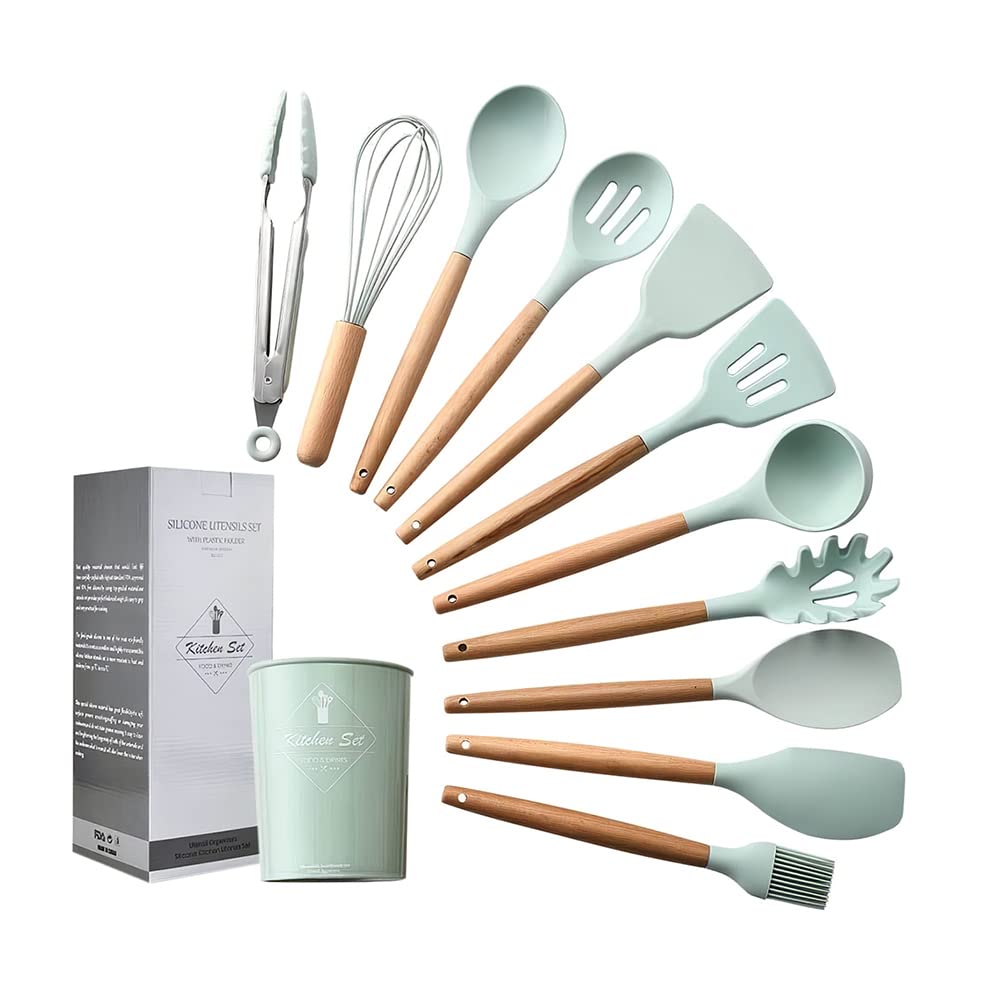 **Mewmewcat 11-Piece Silicone Kitchen Utensils Set - Non-Stick, Heat-Resistant Cooking Tools with Wooden Handles - Perfect for Baking, Frying & Everyday Cooking**