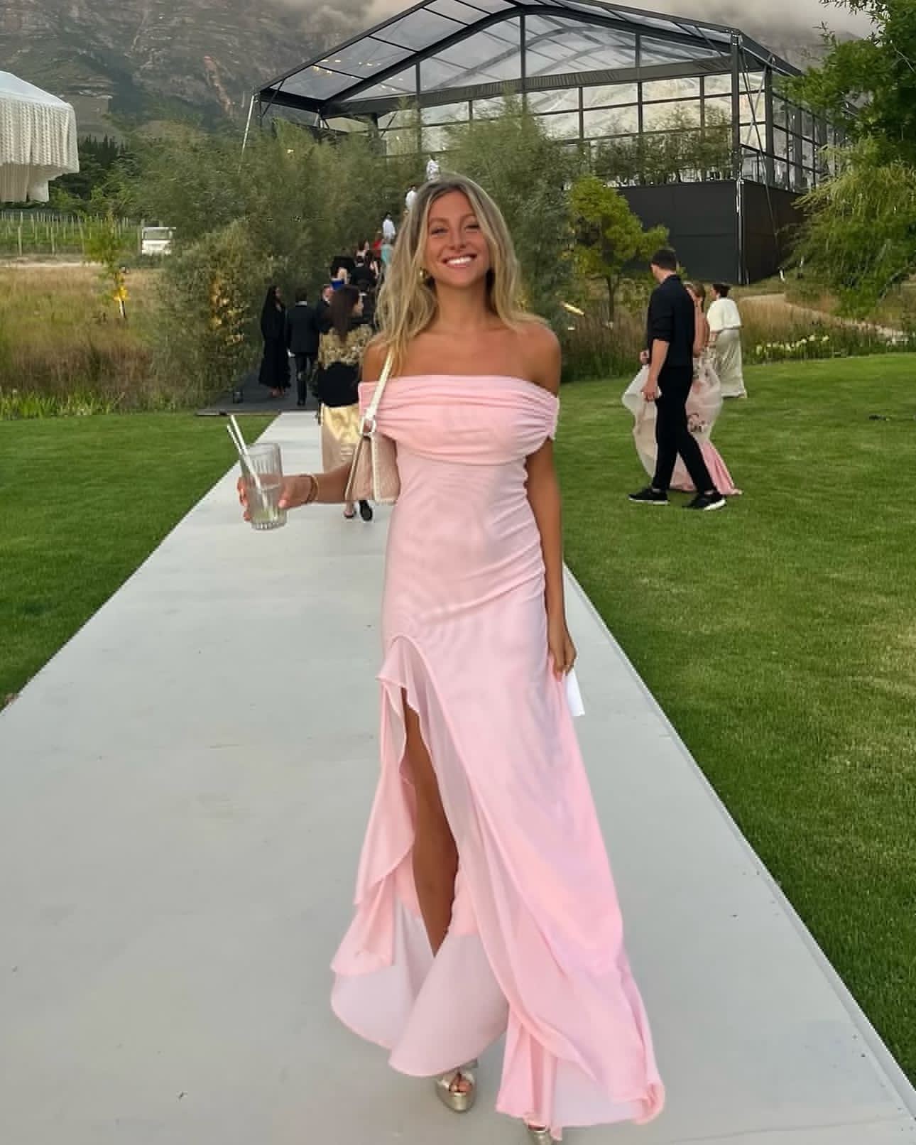 Elegant Off-The-Shoulder Pink Chiffon Prom Dress with Ruffle & High Slit - Formal Evening Gown for Homecoming, Wedding Guest & Party Occasions - Style J6230