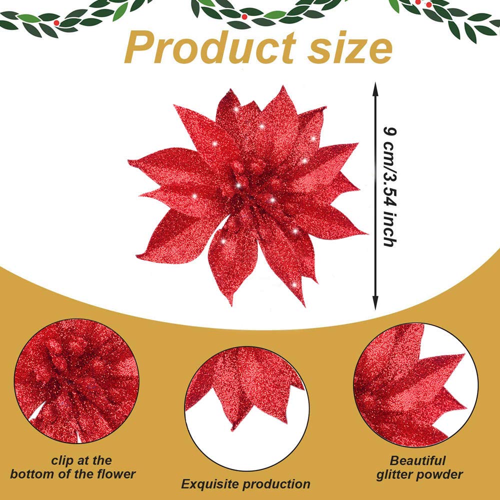 24 Pack Artificial Poinsettia Flowers with Glitter - 3.75 Inch Red Christmas Clip On Ornaments for Tree Decor, Wreaths, Gift Wrapping & Holiday Home Decoration