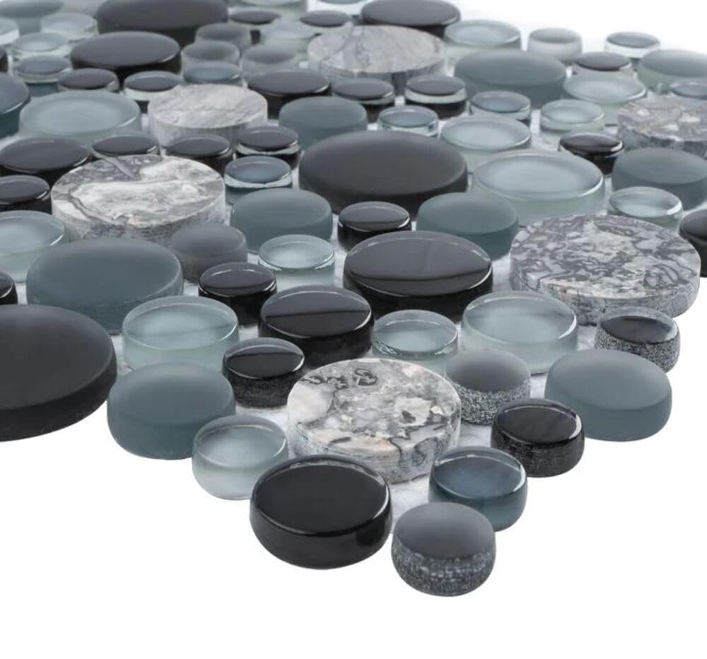 Midnight Bardiglio Grey and Black Bubble Round Marble Glass Mosaic Tile - 10 Sheets for Kitchen Backsplash, Bathroom Shower, Accent Wall - Waterproof Peel-and-Stick Wall Decor for Modern Home & Commercial Spaces