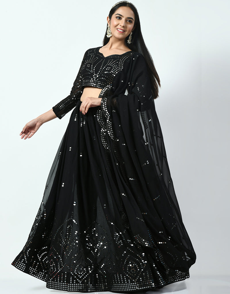Elegant Black Faux Georgette Lehenga Choli Set for Women | Traditional Indian Bridal Wear | Perfect for Weddings, Festivals & Special Occasions