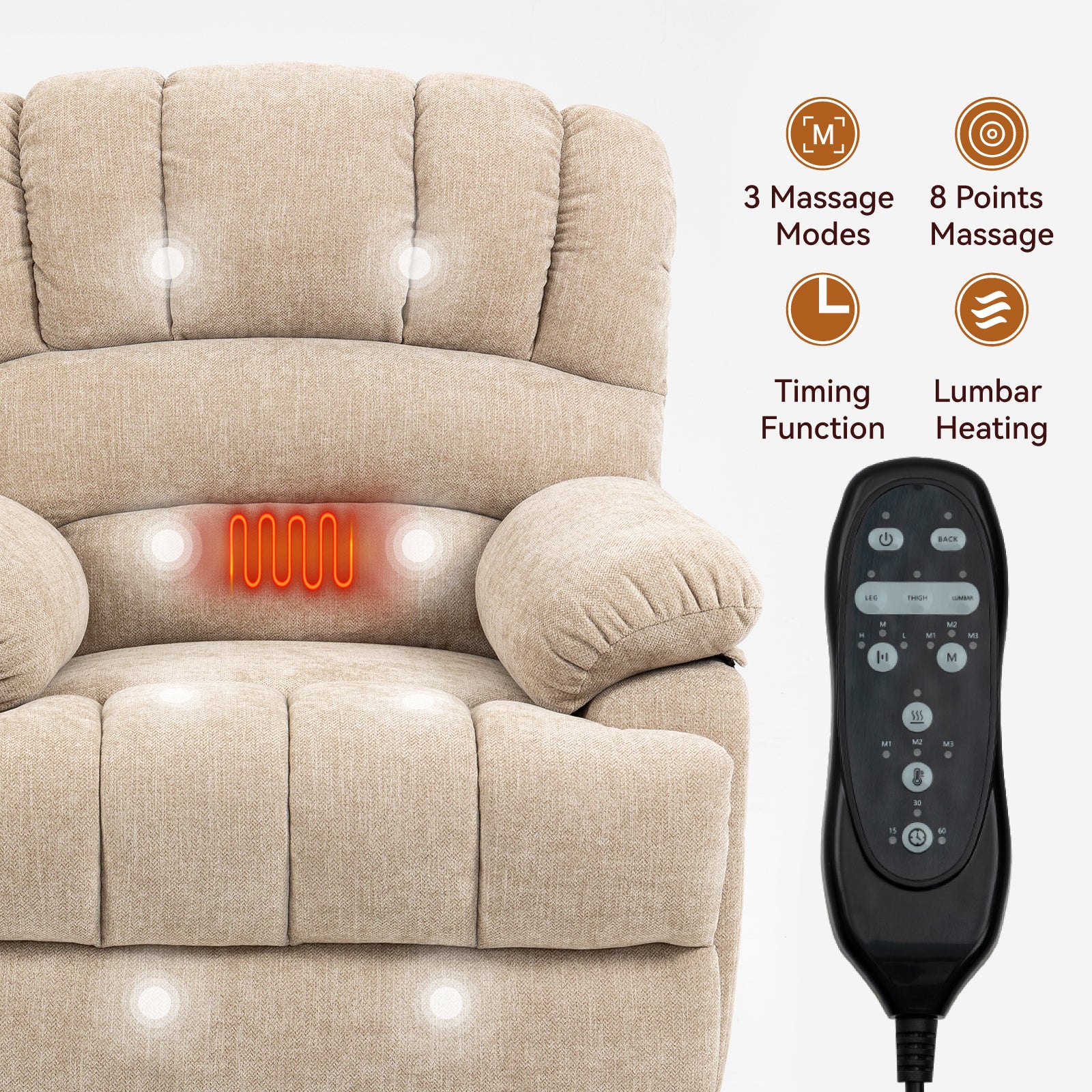 Extra Wide 23-Inch High Back Large Beige Chenille Power Lift Recliner Chair with 8-Point Vibration Massage & Lumbar Heating - Perfect for Living Room, Home Theater & Elderly Comfort