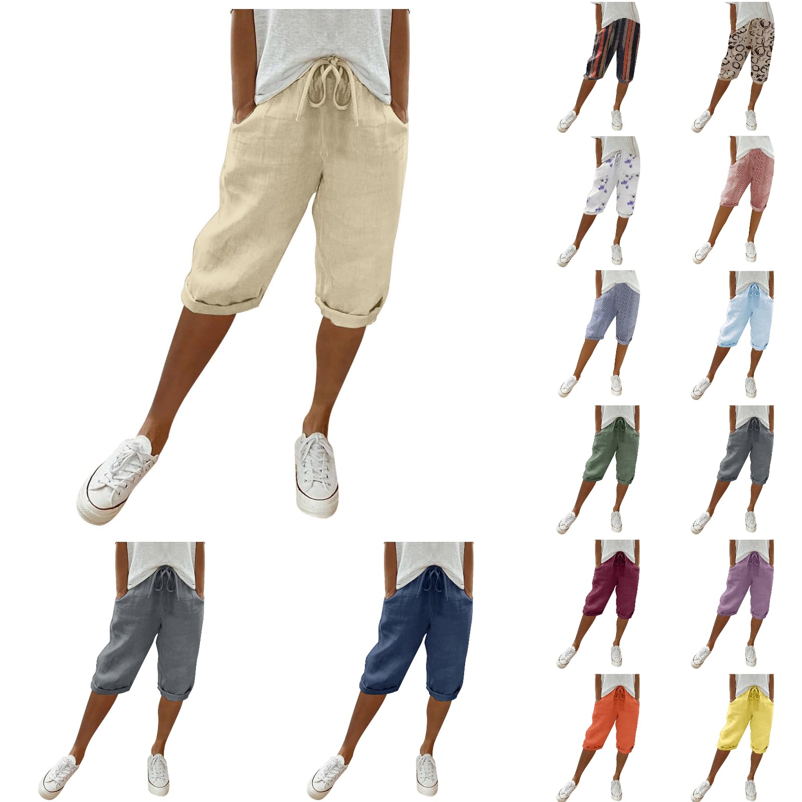 Women's Linen Bermuda Shorts - Summer Casual Drawstring Shorts with Pockets for Beach & Travel
