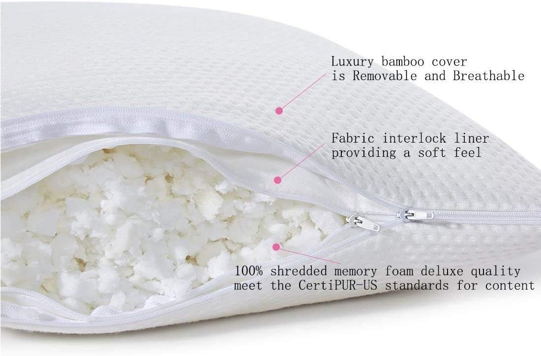 pillowLY - Shredded Memory Foam Pillow for Neck Pain Relief & Side Sleepers - Hypoallergenic & Adjustable Fill - White - Perfect for Back, Stomach & Side Sleepers