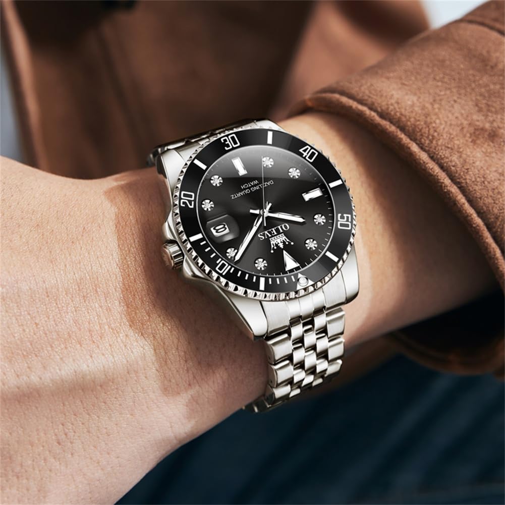 Premium OLEVS Men's Stainless Steel Business Watch - Diamond Accent Large Dial, Date Display & Waterproof - Ideal for Office Wear, Formal Events & Daily Use