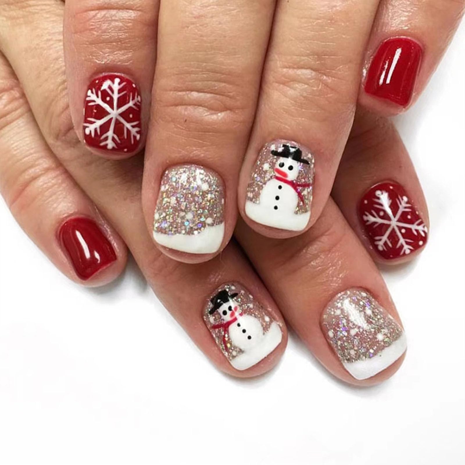 Christmas Press on Nails Short - 24PCS Snowflake Snowman Glitter Fake Nails with White French Tips | Xmas Square Acrylic Stick on Nails for Women & Girls | Holiday Party, Gift Giving, Winter Nail Art Designs