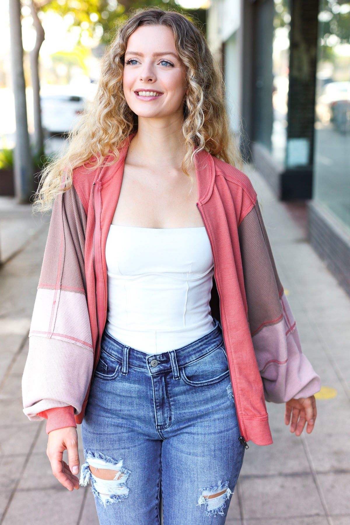Boldy You Women's Camel Dolman Sleeve Colorblock Knit Bomber Jacket | Cozy Fall Outerwear for Casual Outings & Street Style Fashion