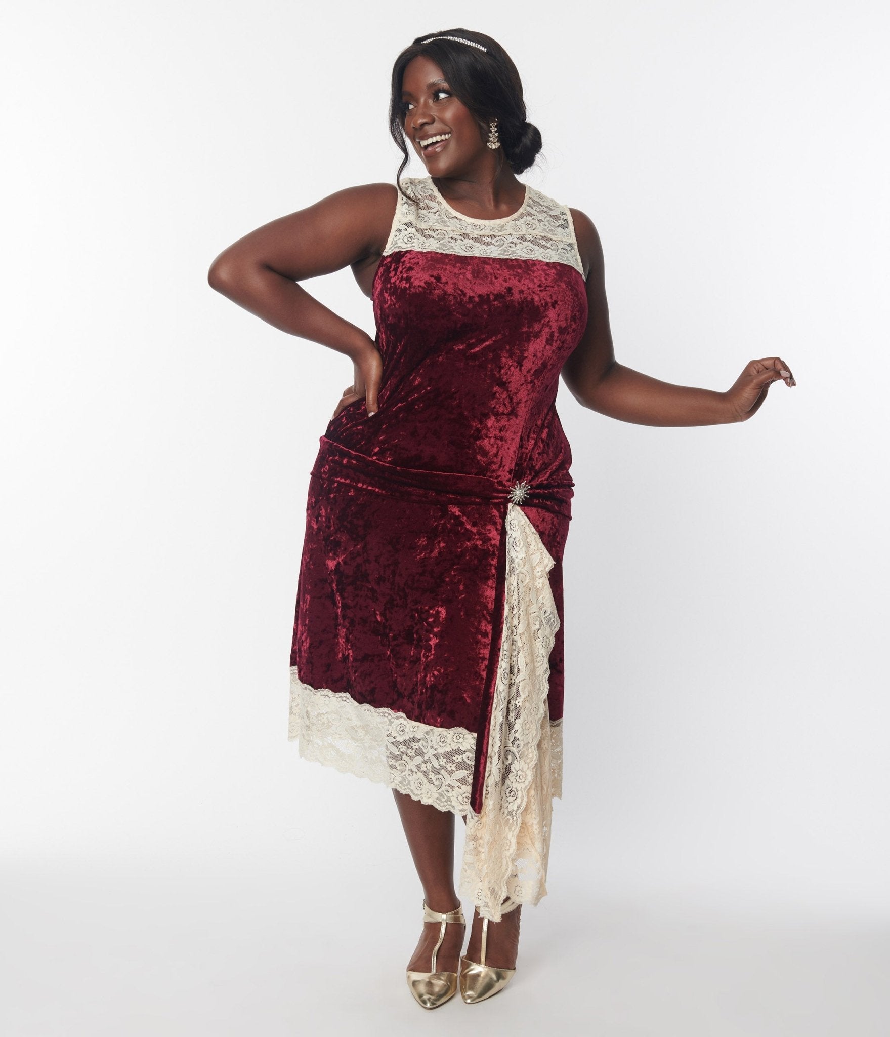 Vintage 1920s Burgundy Crushed Velvet & Ivory Lace Flapper Dress - Roaring Twenties Gatsby Party Costume, Halloween Outfit, Burlesque Show Attire