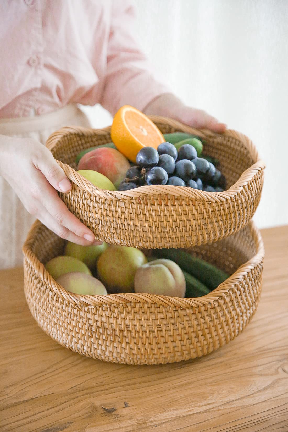 Handmade Natural Rattan Bread Basket Set of 3 - Round Woven Wicker Serving Bowls for Fruits, Bread & Kitchen Storage | Honey Brown Decorative Counter Organizer | Perfect for Farmhouse Kitchen, Dining Table Display & Party Serving