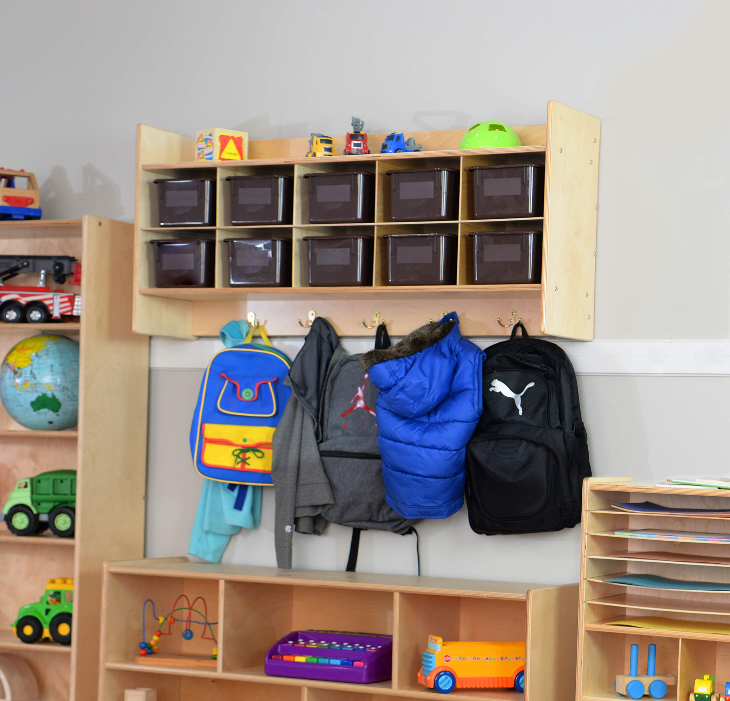 Contender 10-Section Wall Cubby Shelf with Brown Plastic Storage Bins - Organize House & Playroom - 100% Birch Plywood with UV Finish - Perfect for Kids' Toy Storage & Home Organization