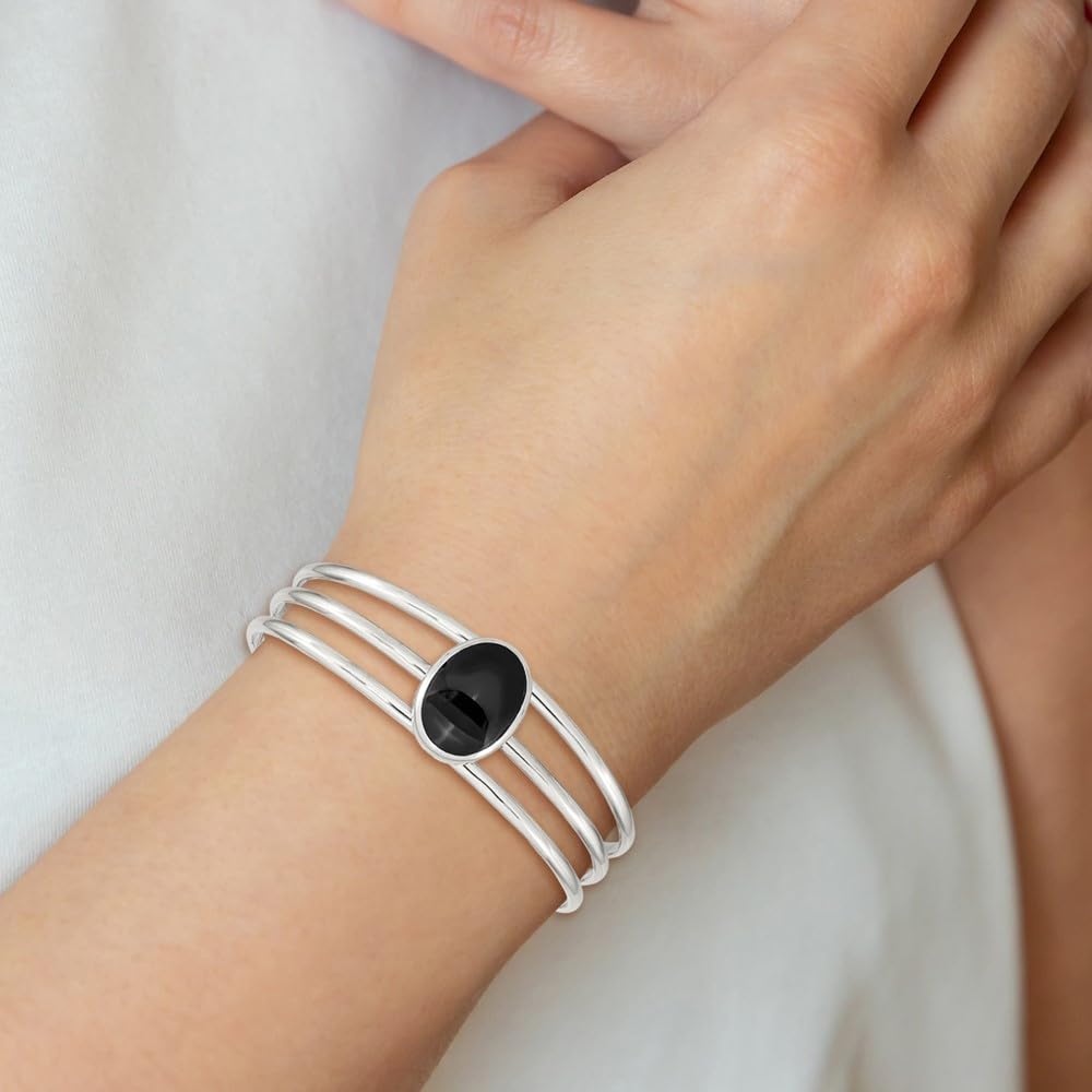 925 Sterling Silver Onyx Three-Strand Cuff Bangle Bracelet for Women | Elegant Fine Jewelry Gift for Her | 7