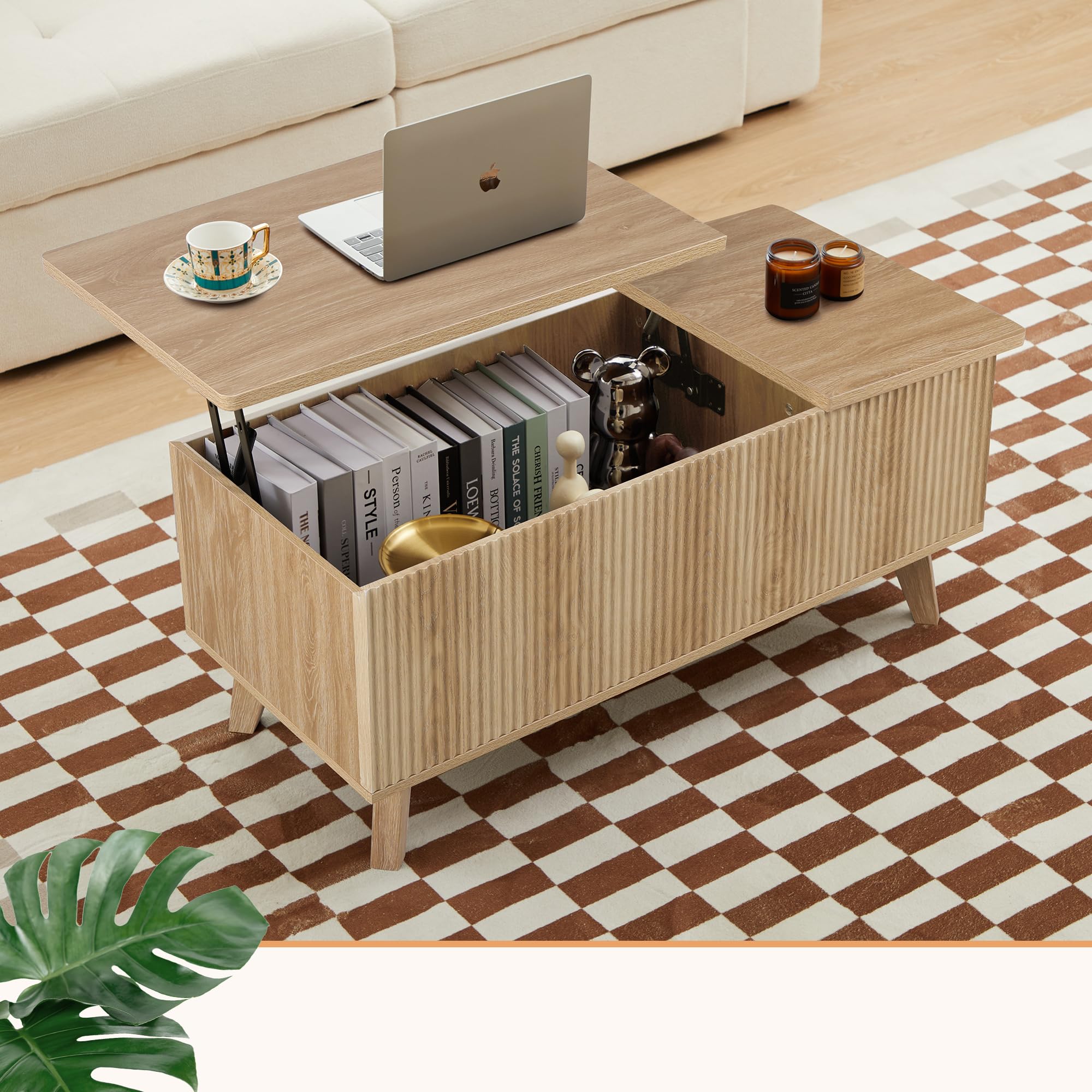 Modern Lift-Top Coffee Table with Hidden Storage - Wooden Fluted Design for Living Room & Office