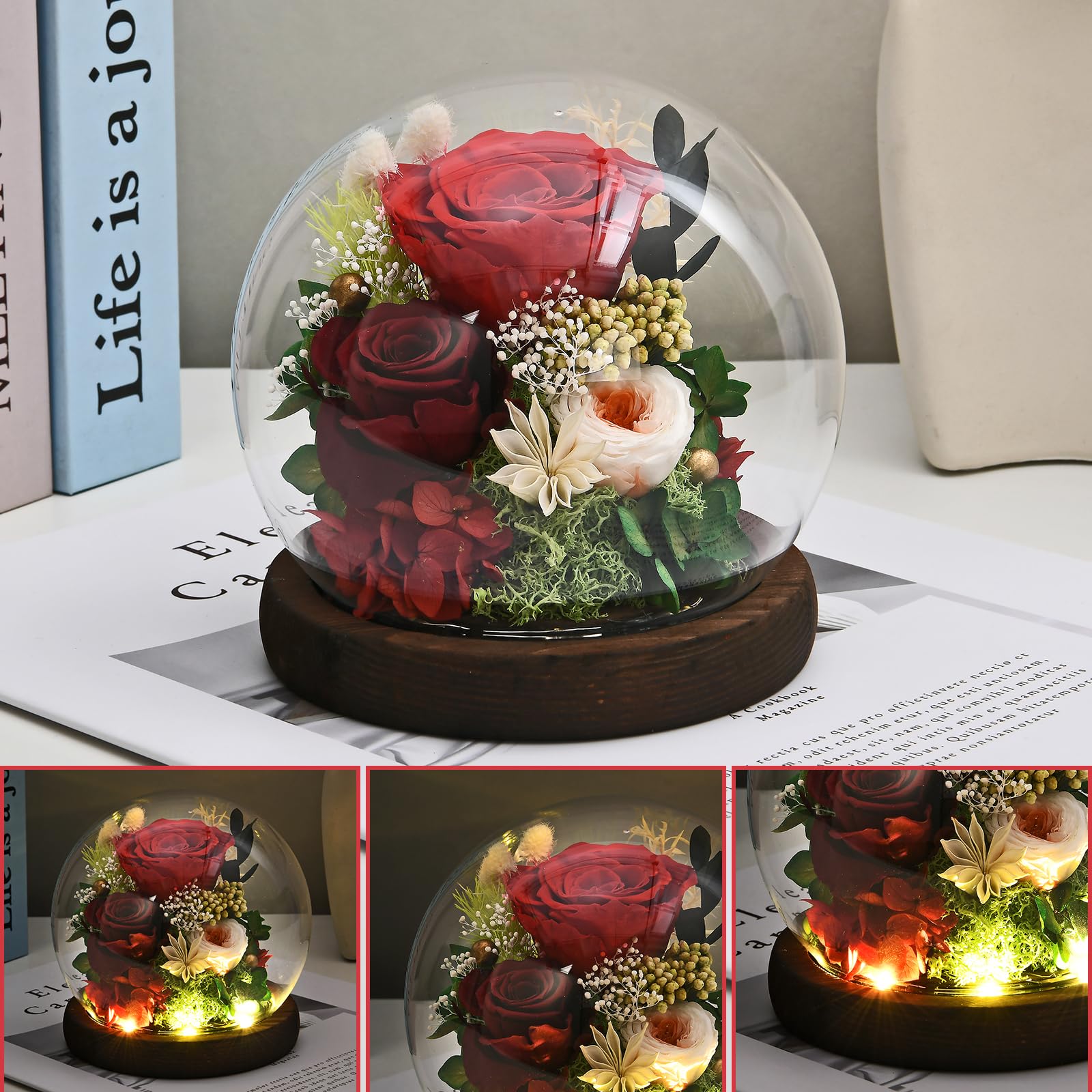 Elegant Rose in Glass Dome with LED Light - Romantic Gift for Women, Mom, Grandma, Girlfriend, Wife - Perfect for Anniversaries, Valentine's Day & Home Decor
