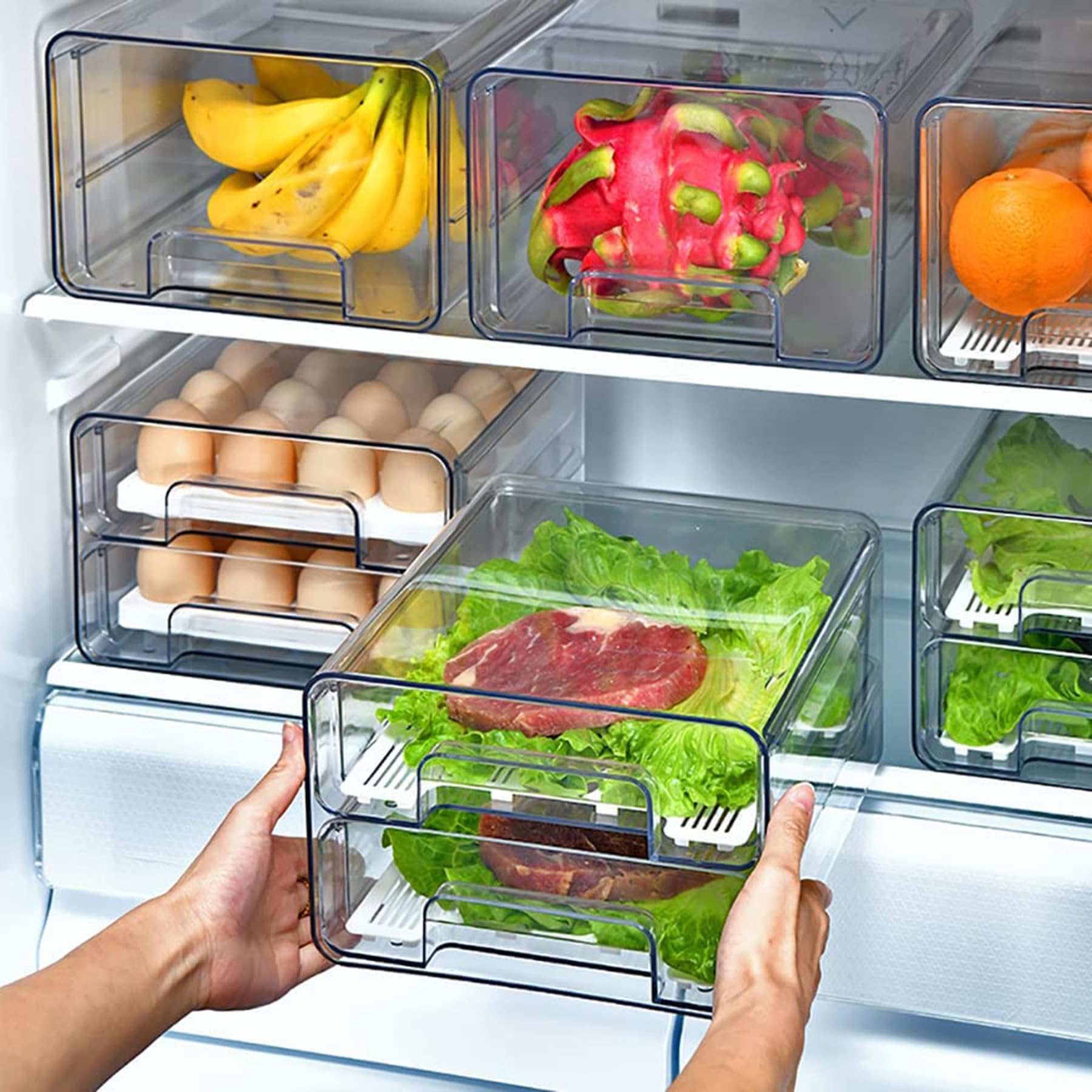 MosQuick® 2-Pack Stackable Refrigerator Drawers - 4.5L Fridge Storage Containers for Vegetables, Fruits & Meal Prep | Space-Saving Kitchen Organizer for Refrigerator Organization | Perfect for Fresh Produce Storage & Leftovers