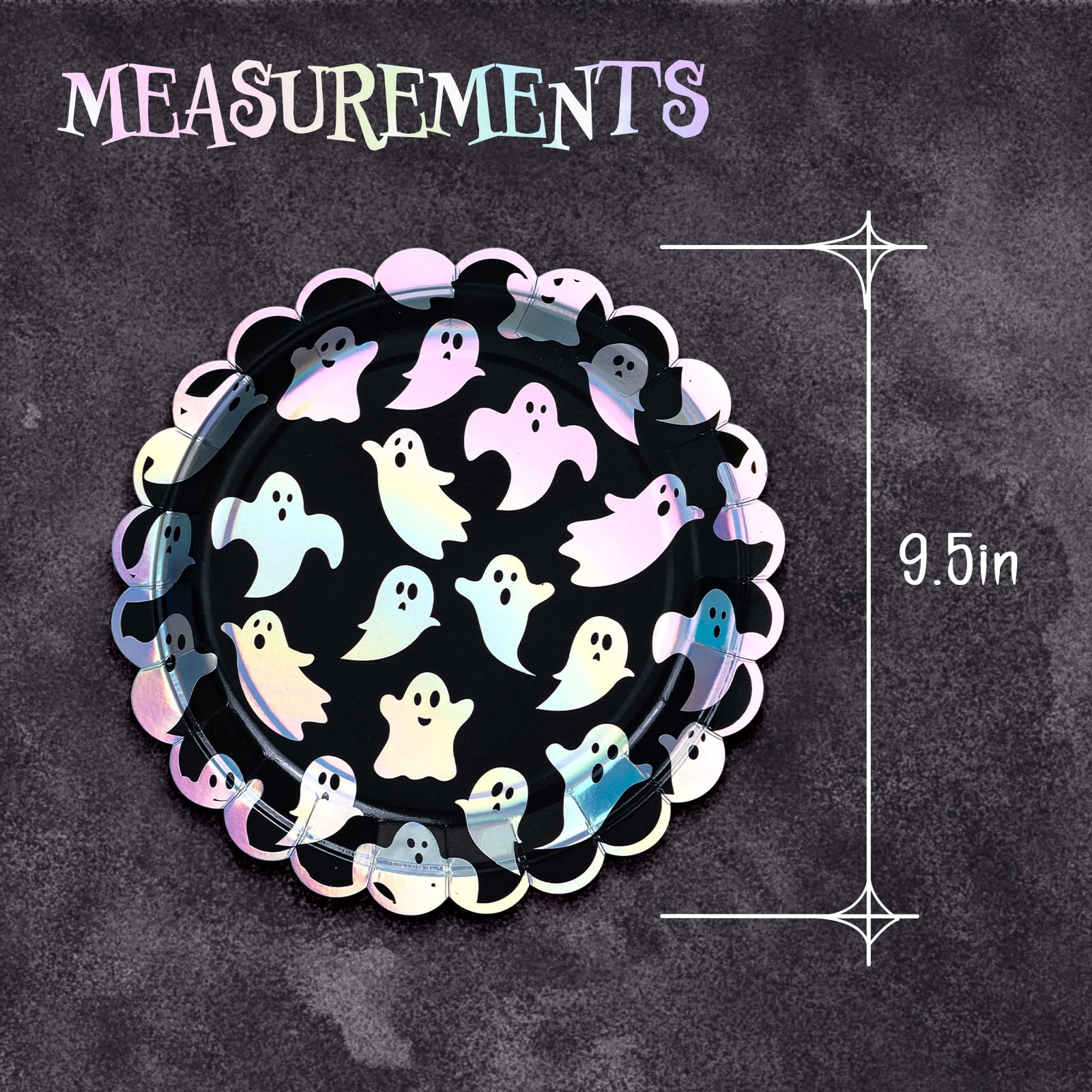 50-Count Halloween Paper Plates - Disposable Scalloped Dinner Plates with Ghost Pattern & Iridescent Silver Foil - Perfect for Halloween Parties, Trick-or-Treat Events & Spooky Dinner Decorations