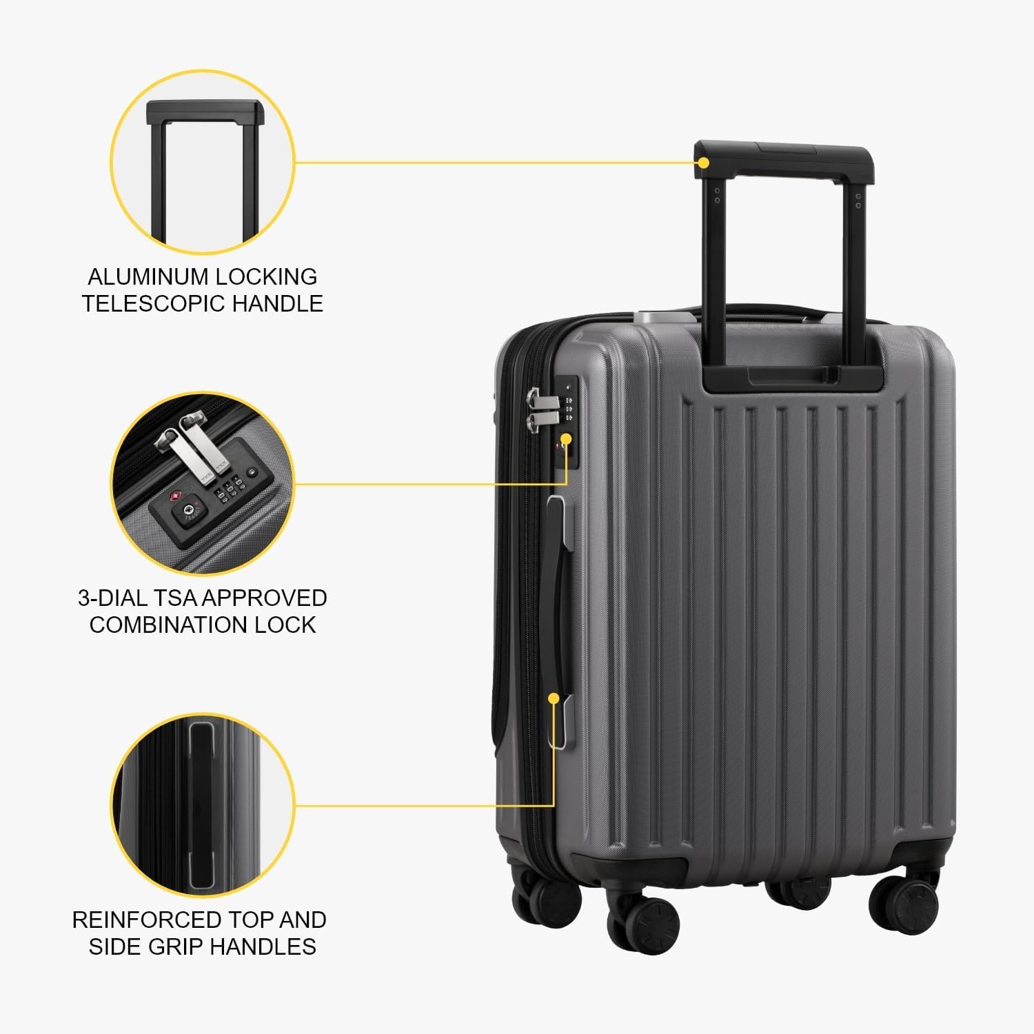LEVEL8 Grace 20 Inch Hardside Carry On Luggage - ABS+PC Spinner Suitcase with TSA Lock & Smooth Wheels, Lightweight Grey Cabin Bag for Air Travel, Business Trips & Weekend Getaways