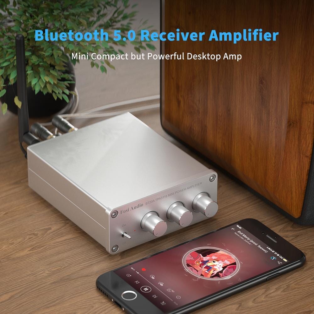 Fosi Audio BT20A Bluetooth 5.0 Stereo Amplifier - 100Wx2 Mini HiFi Class D Power Amp for Home Audio, Bookshelf Speakers & Turntables - Perfect for Living Room, Office or Studio Setup