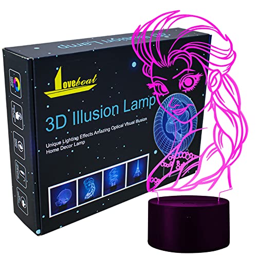 Princess Elsa 3D Night Light LED Illusion Lamp - 7 Color Changing Bedside Table Lamp with Acrylic Flat & ABS Base, USB Powered - Perfect for Kids' Room Decor, Birthday Gifts & Nursery Nightlight